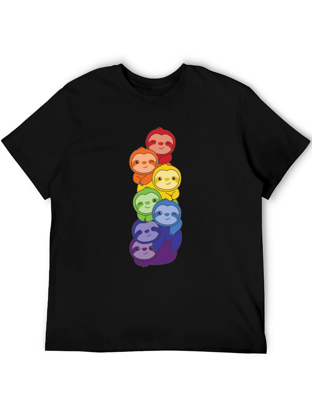 Rainbow Sloth Stack Graphic Tee - Black Cotton T-Shirt