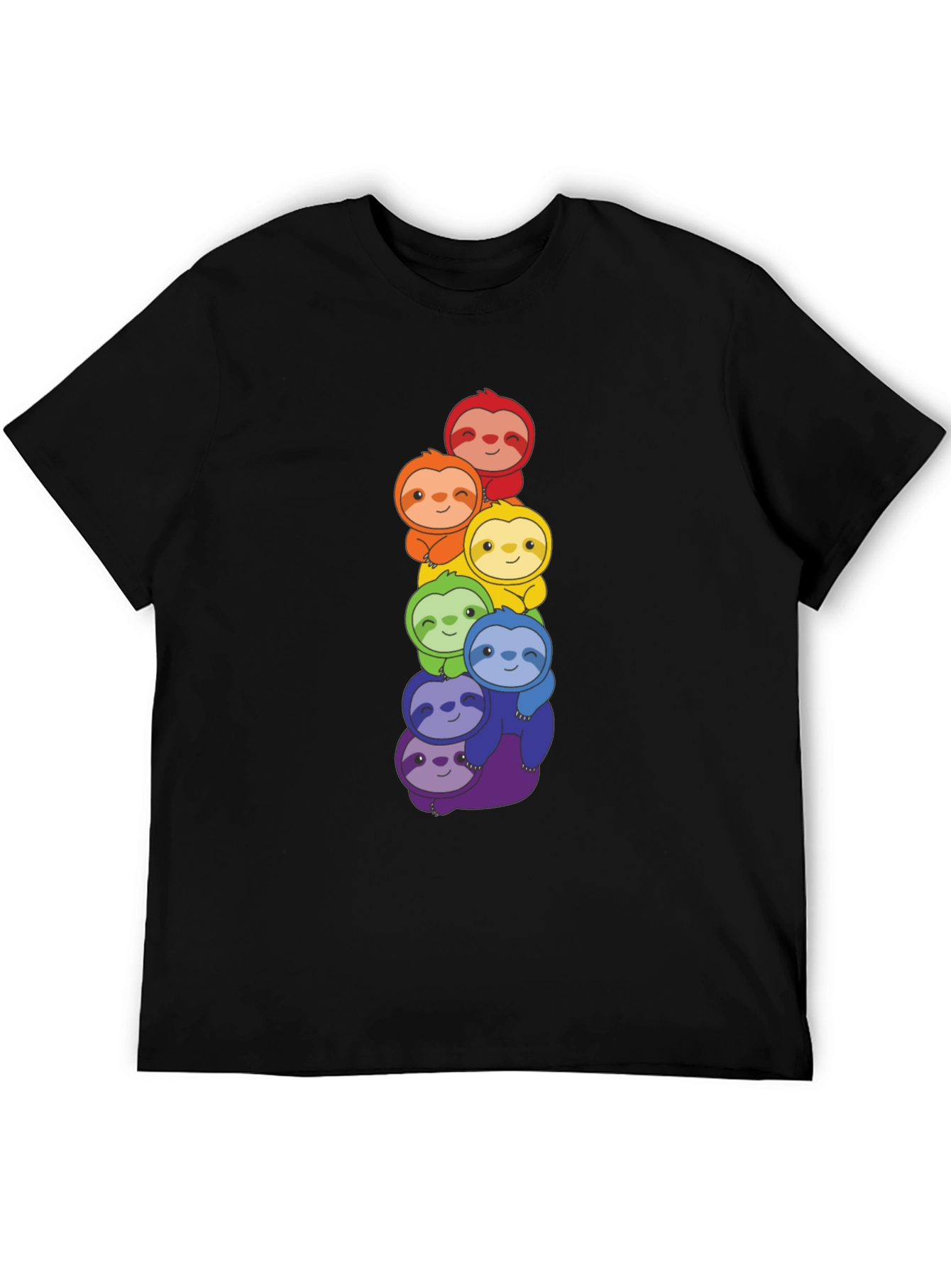 Rainbow Sloth Stack Graphic Tee - Black Cotton T-Shirt
