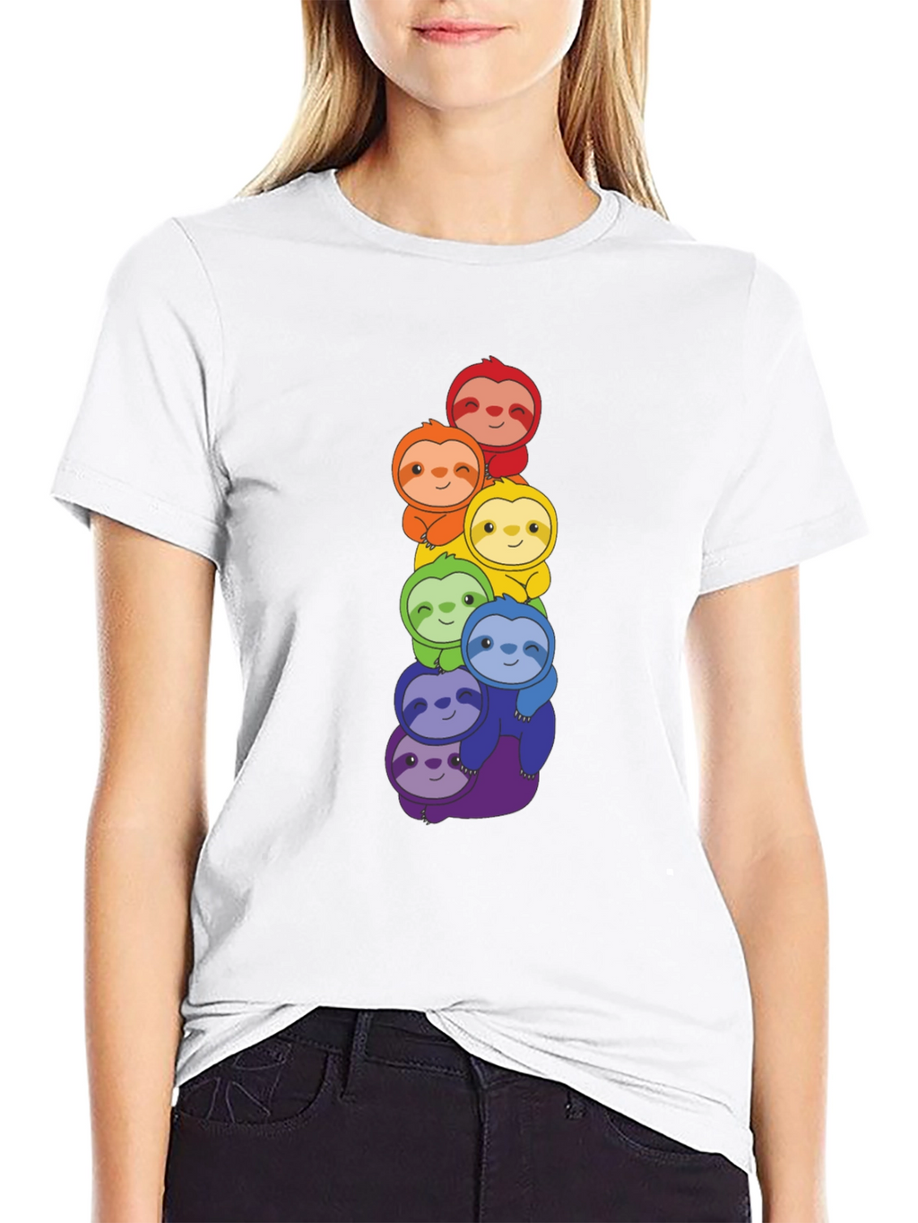 Rainbow Sloth Stack Graphic Tee - Black Cotton T-Shirt