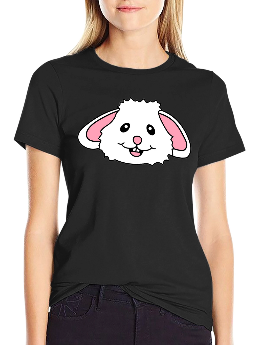 Cute Bunny Face Graphic T-Shirt - Black Cotton Tee