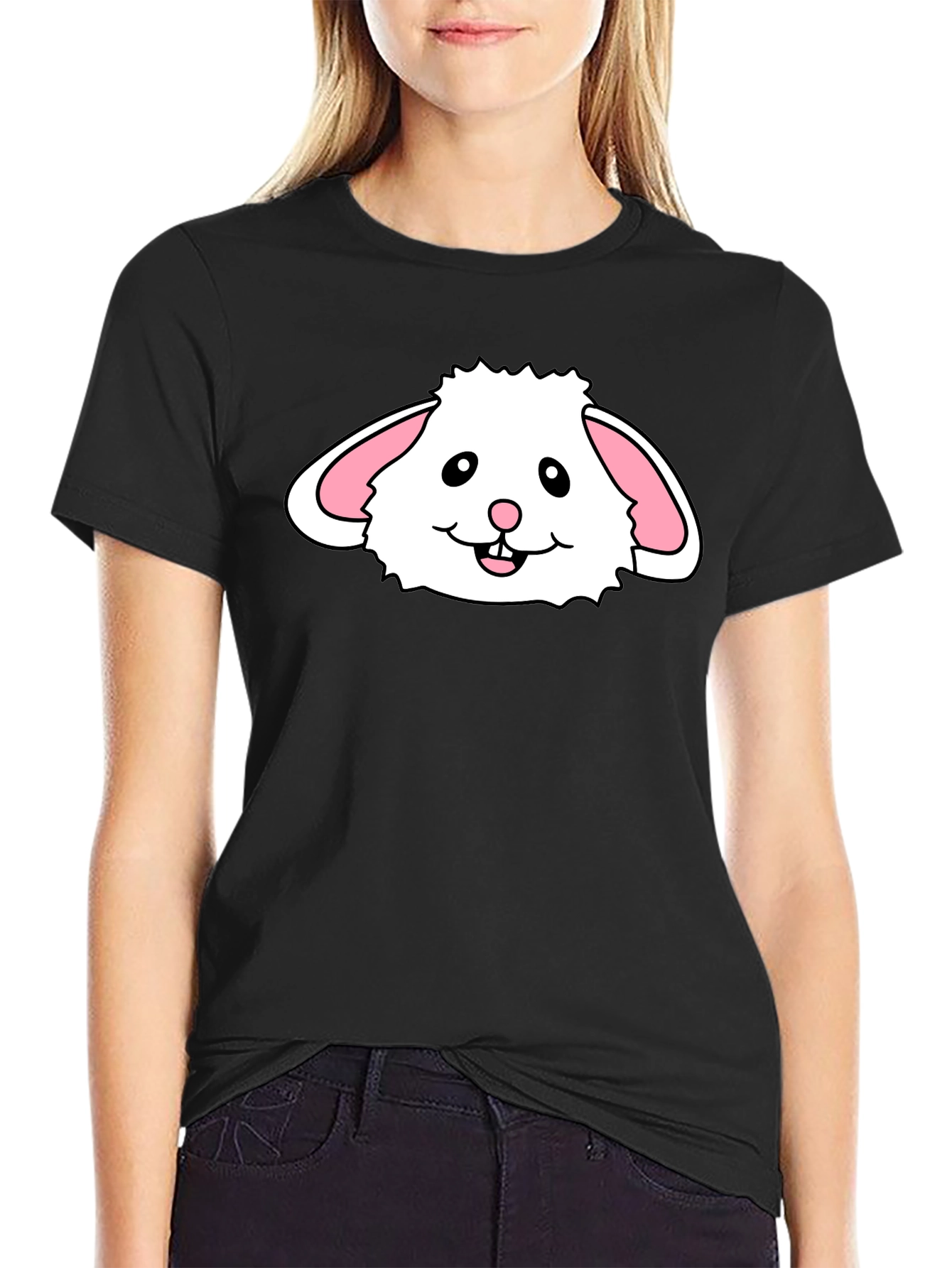 Cute Bunny Face Graphic T-Shirt - Black Cotton Tee