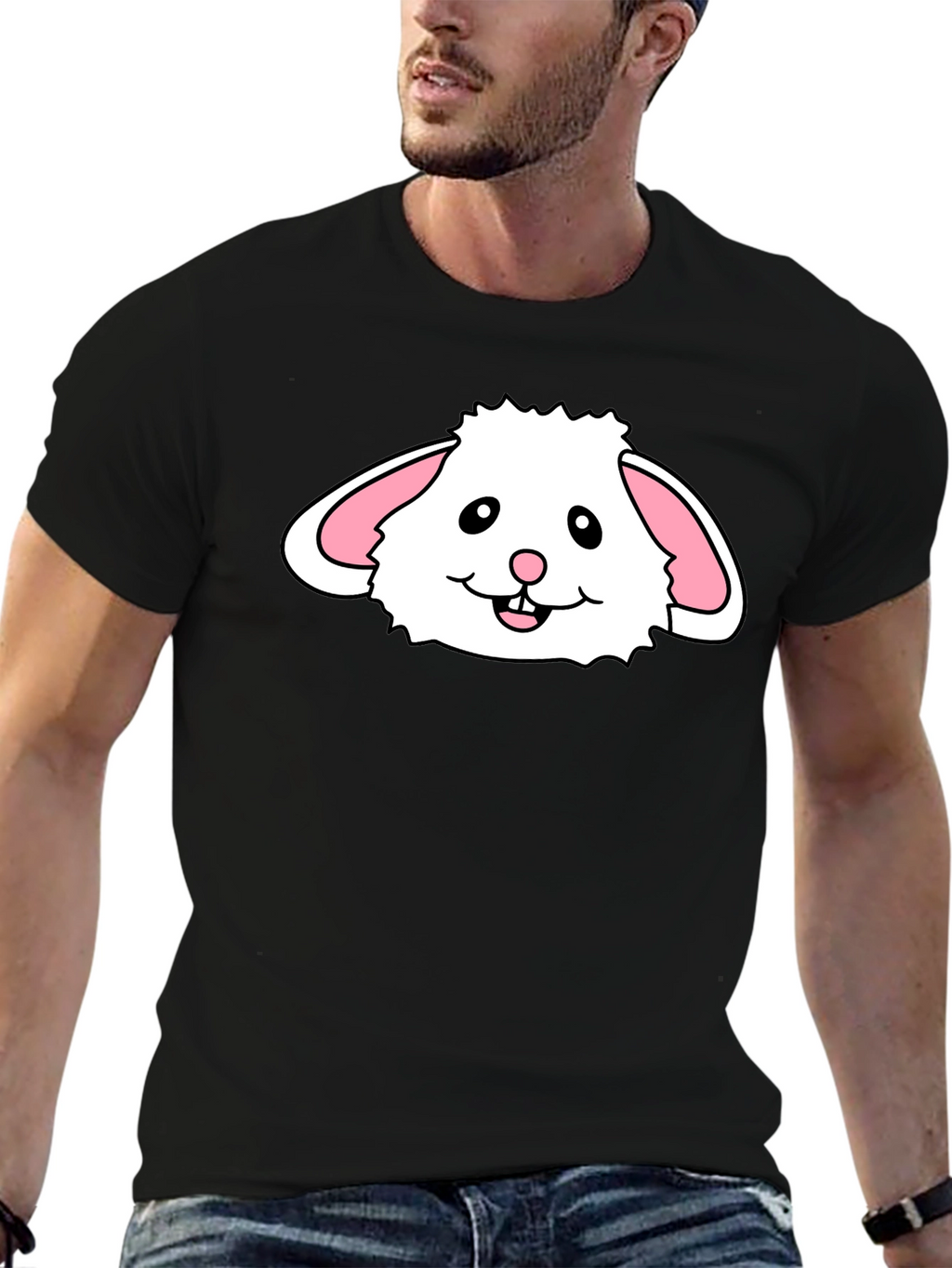 Cute Bunny Face Graphic T-Shirt - Black Cotton Tee