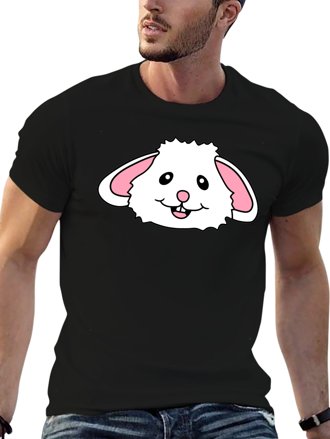 Cute Bunny Face Graphic T-Shirt - Black Cotton Tee