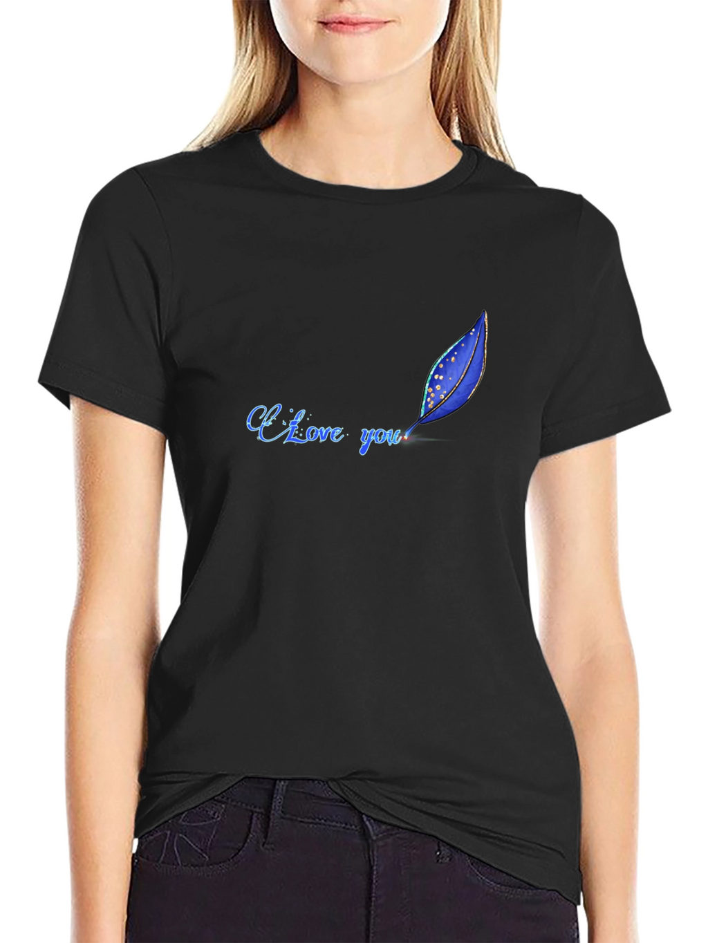 I Love You Feather Design Black T-Shirt