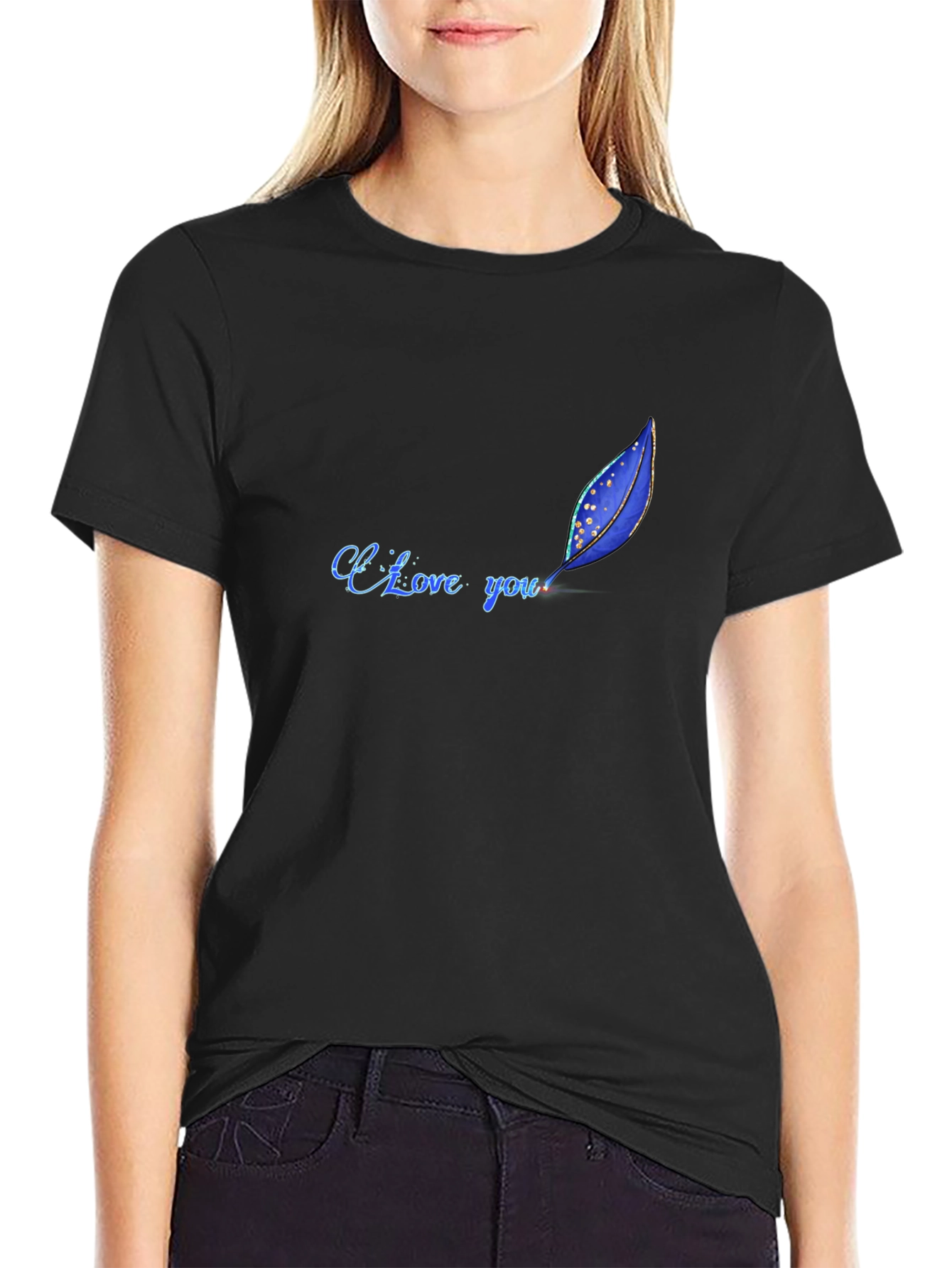 I Love You Feather Design Black T-Shirt