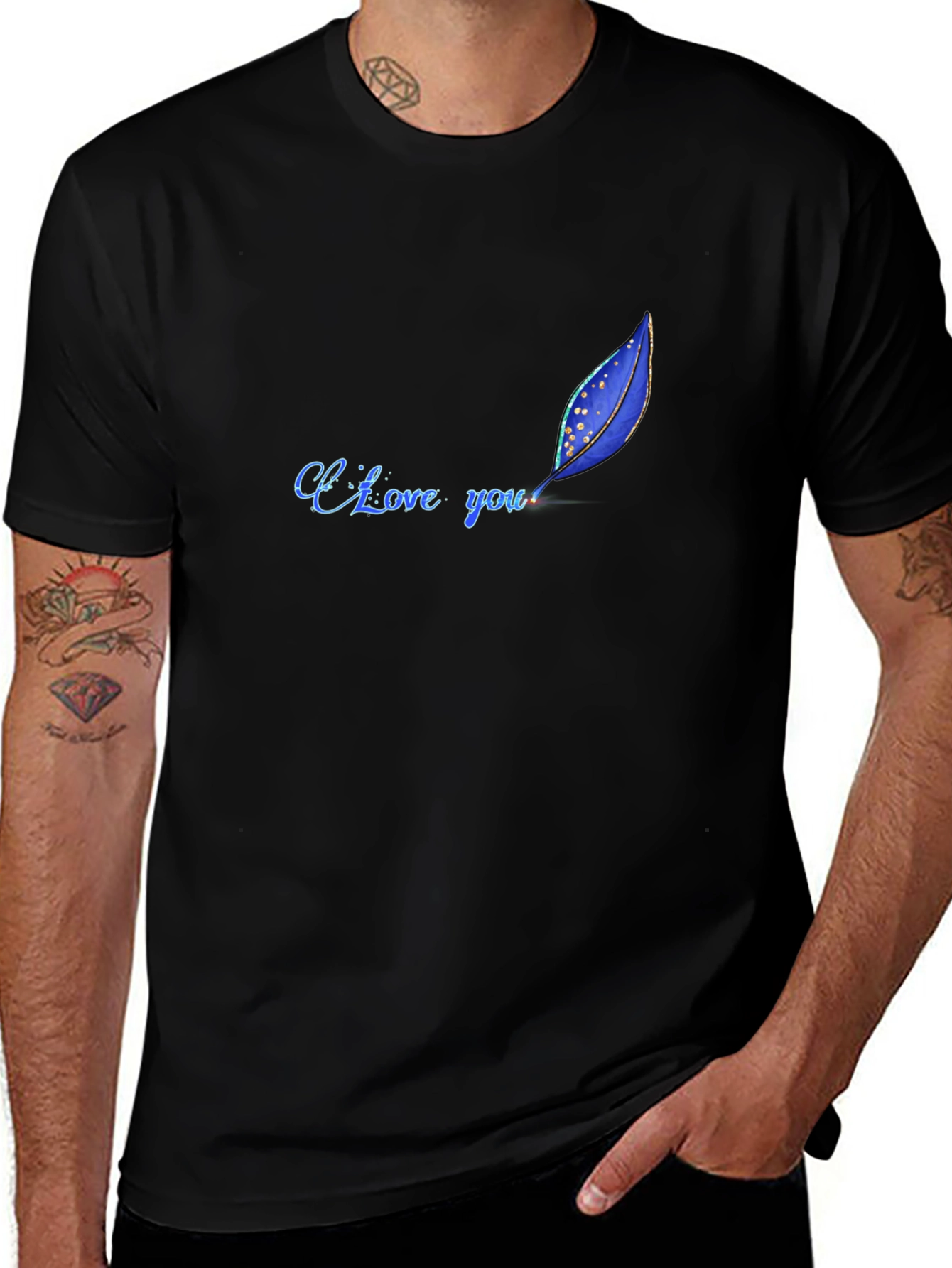 I Love You Feather Design Black T-Shirt