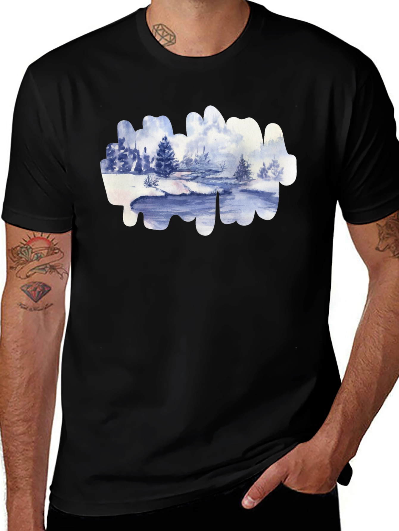 Watercolor Winter Landscape Black T-Shirt