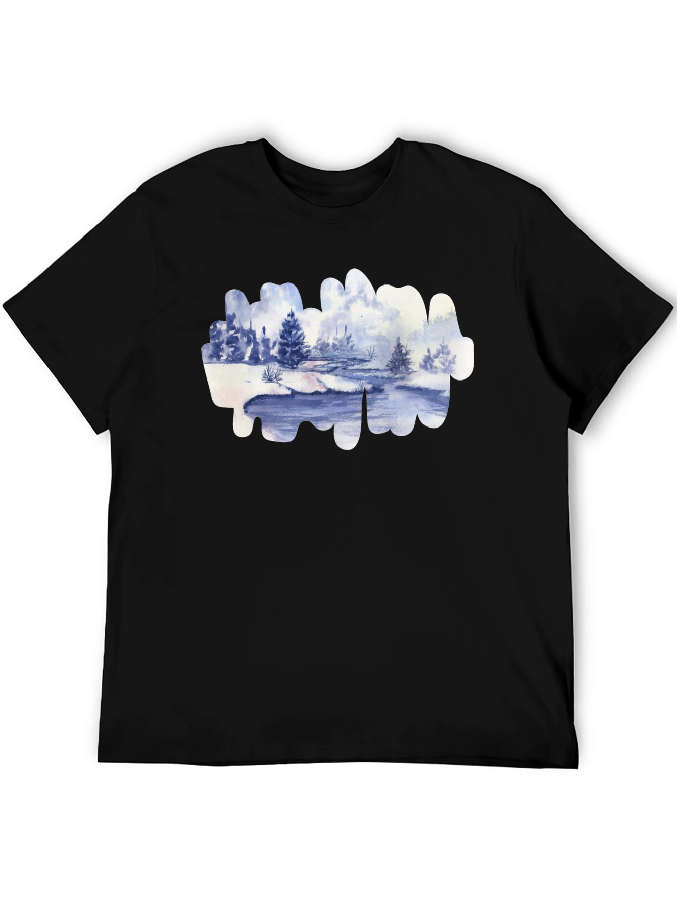 Watercolor Winter Landscape Black T-Shirt