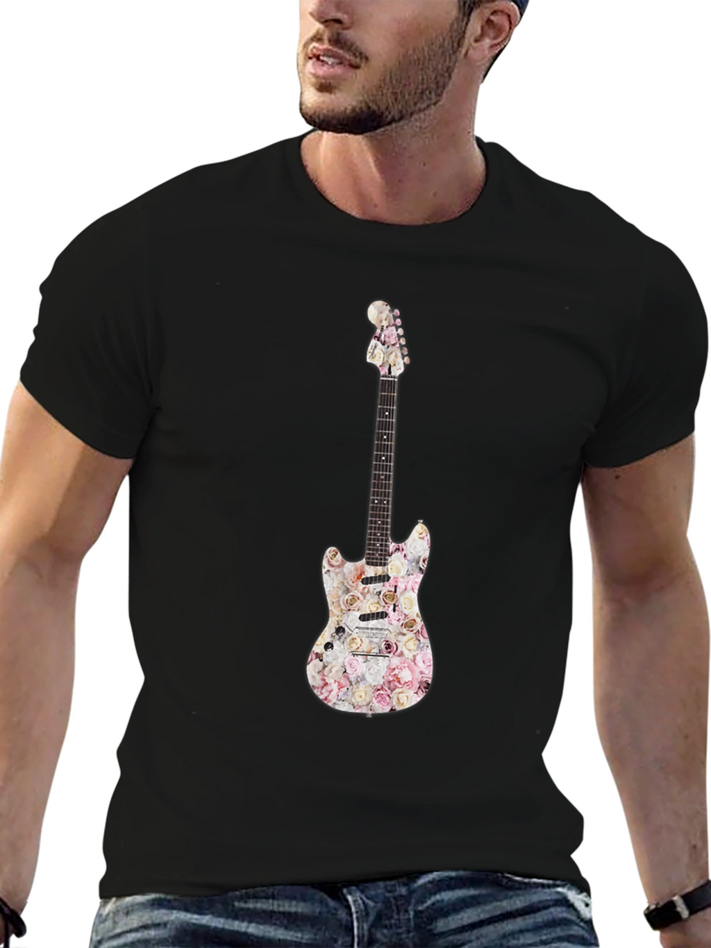 Floral Guitar Graphic T-Shirt - Black