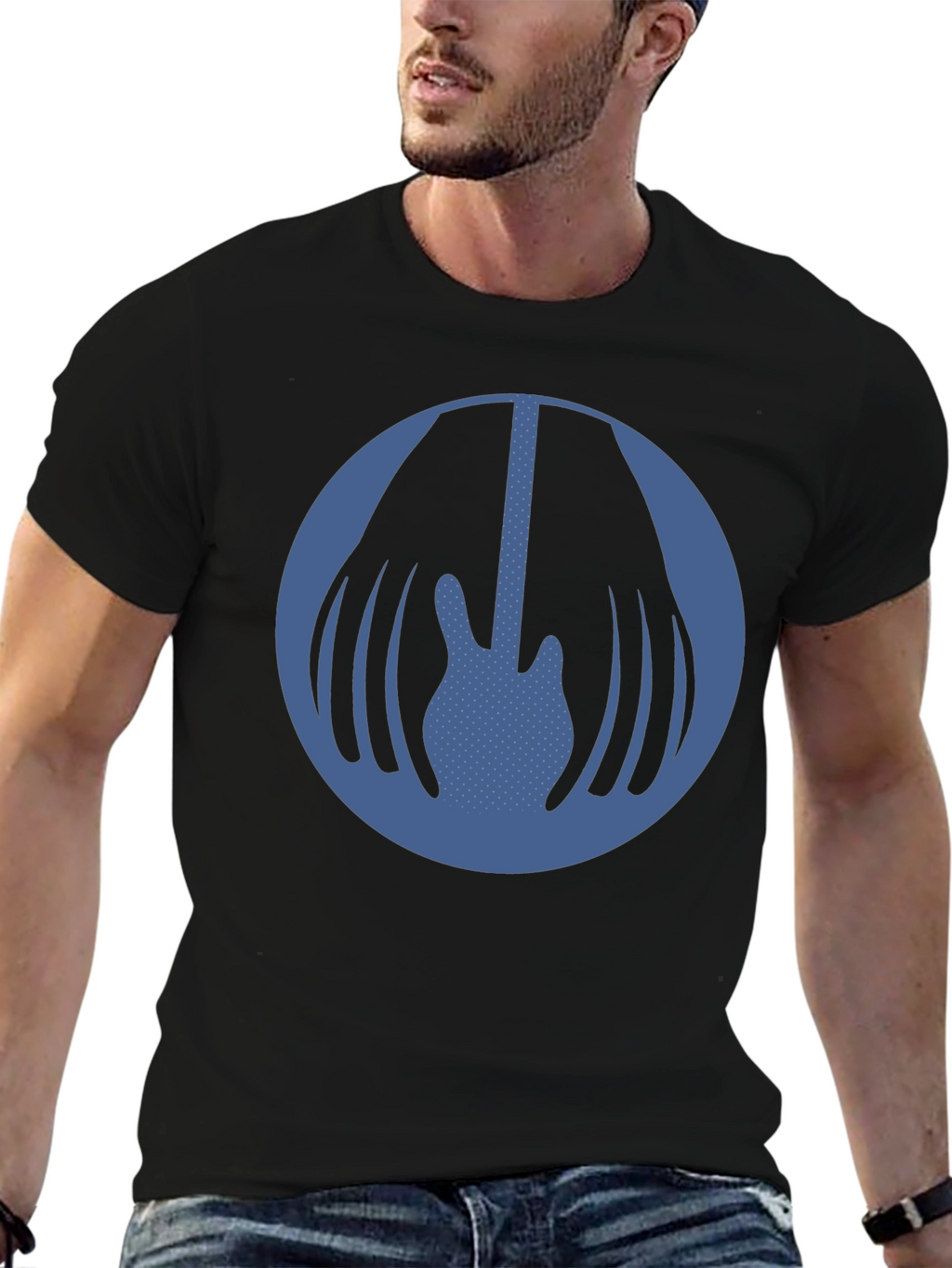 Blue Guitar Circle Graphic Black T-Shirt
