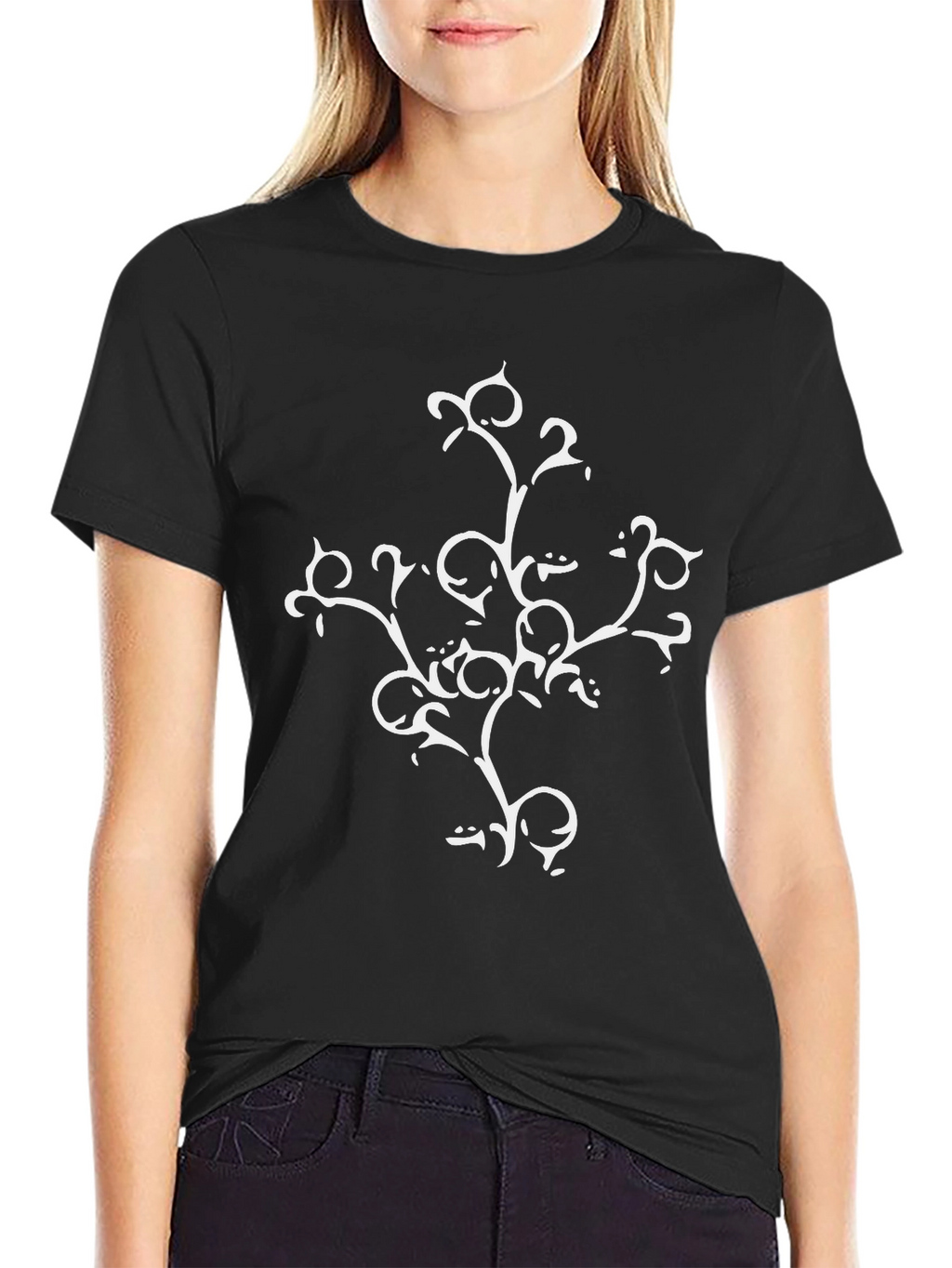 Black T-Shirt with White Botanical Design