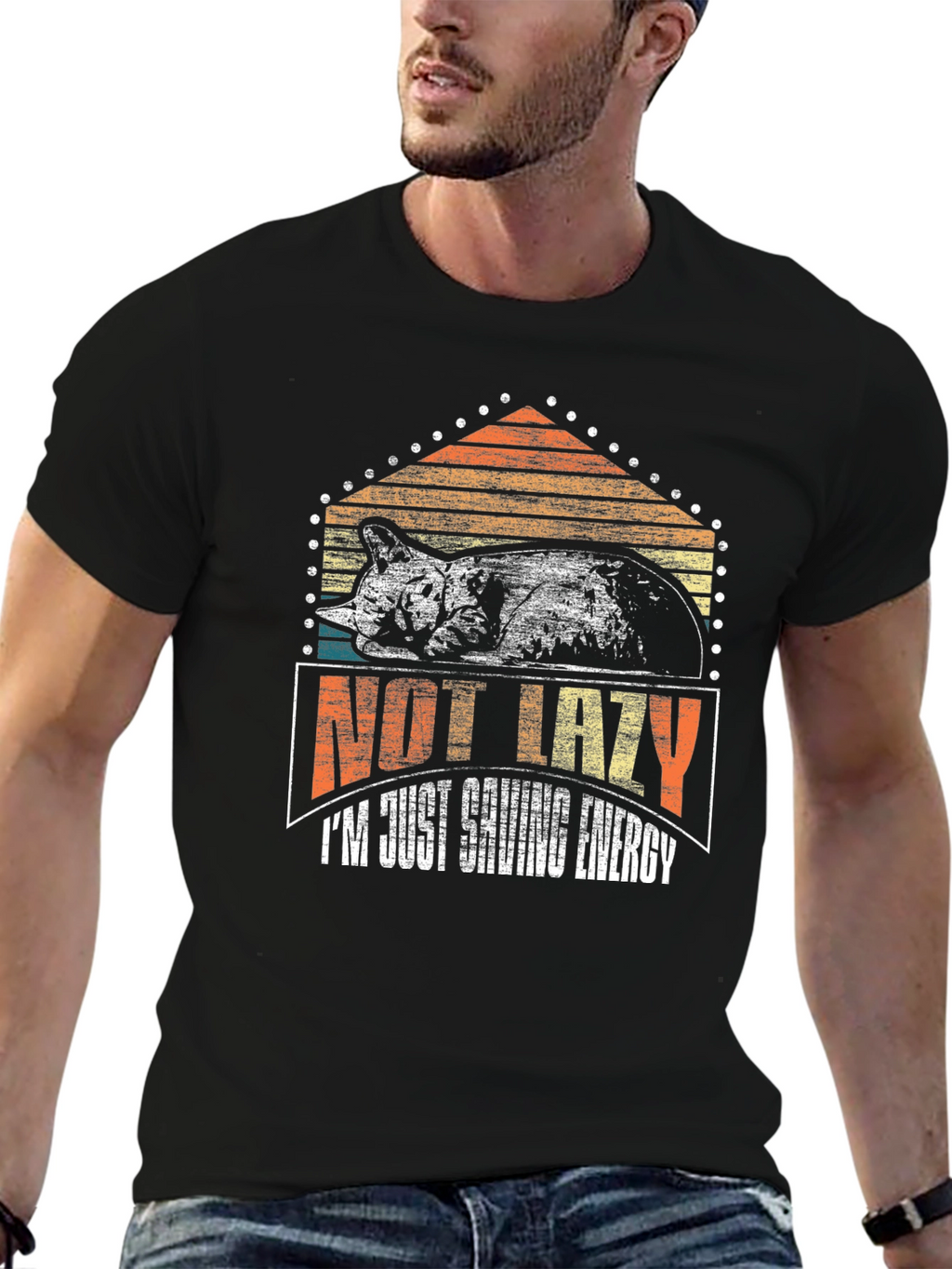 Not Lazy Saving Energy Cat Graphic T-Shirt