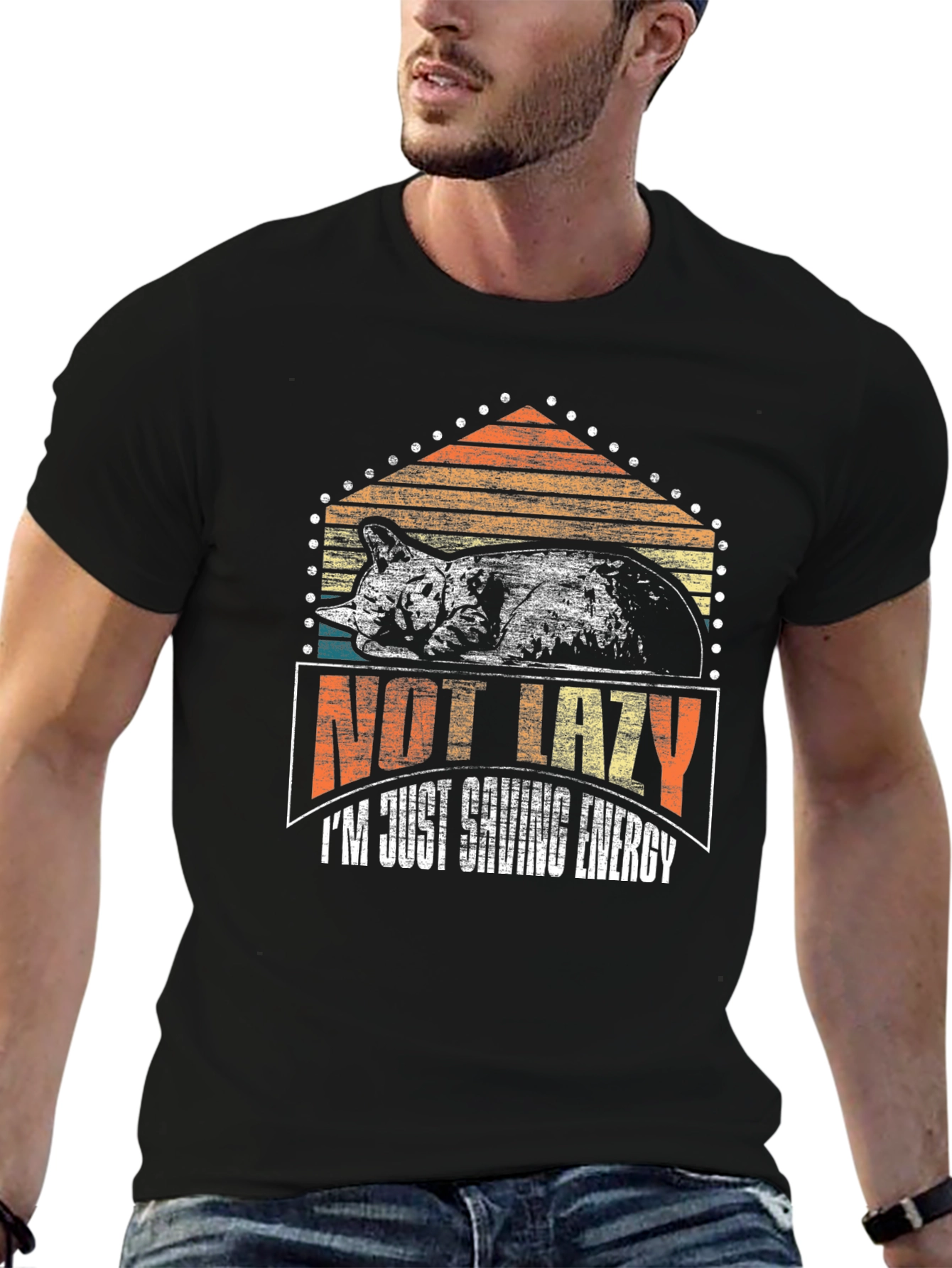 Not Lazy Saving Energy Cat Graphic T-Shirt