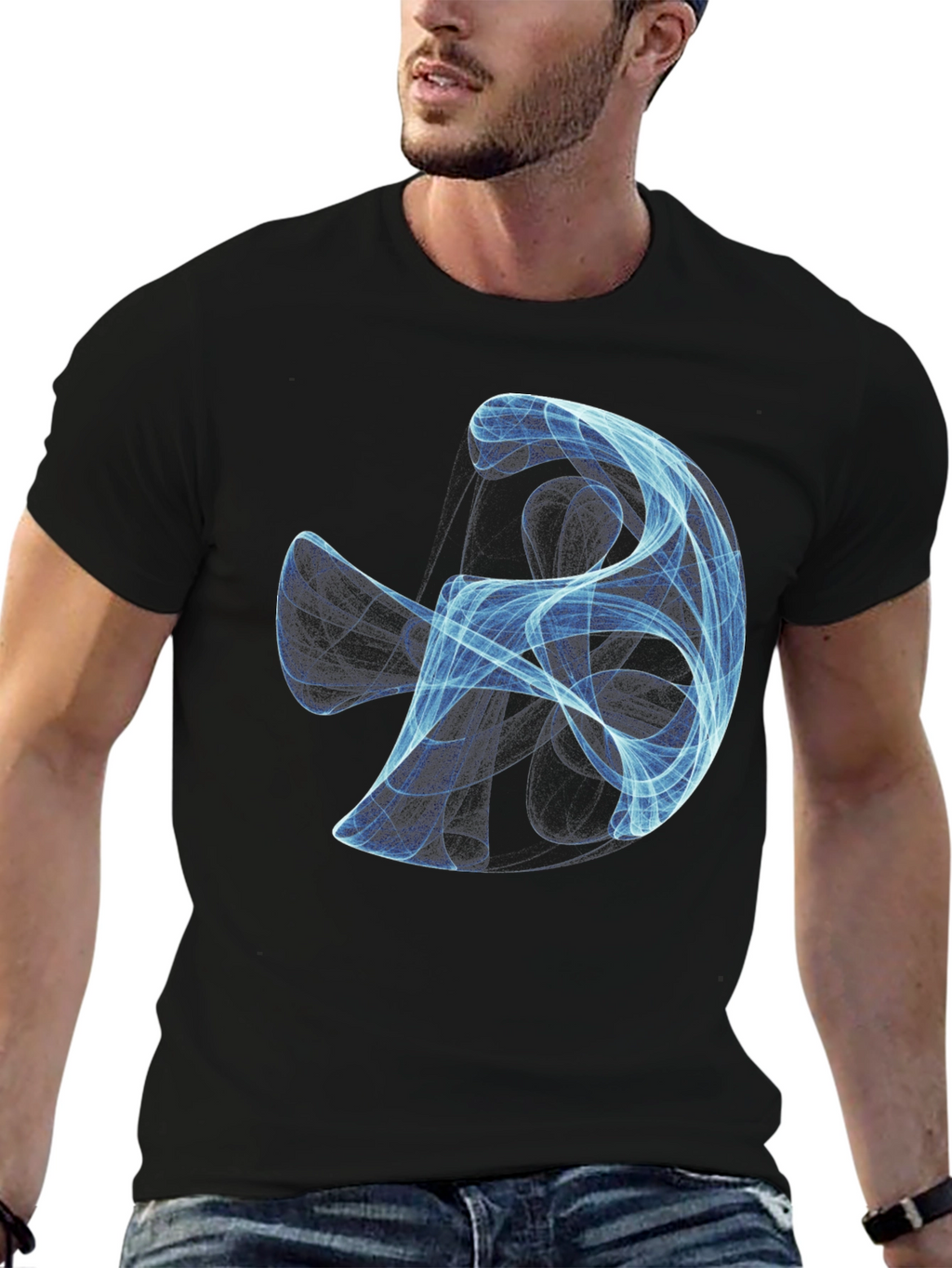 Abstract Blue Swirl Graphic Black T-Shirt