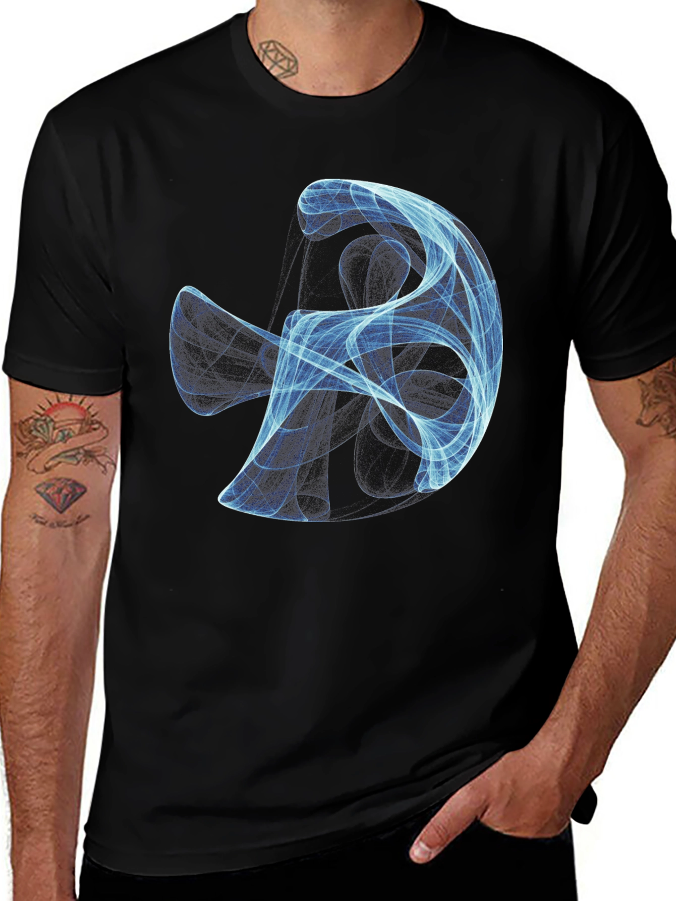 Abstract Blue Swirl Graphic Black T-Shirt