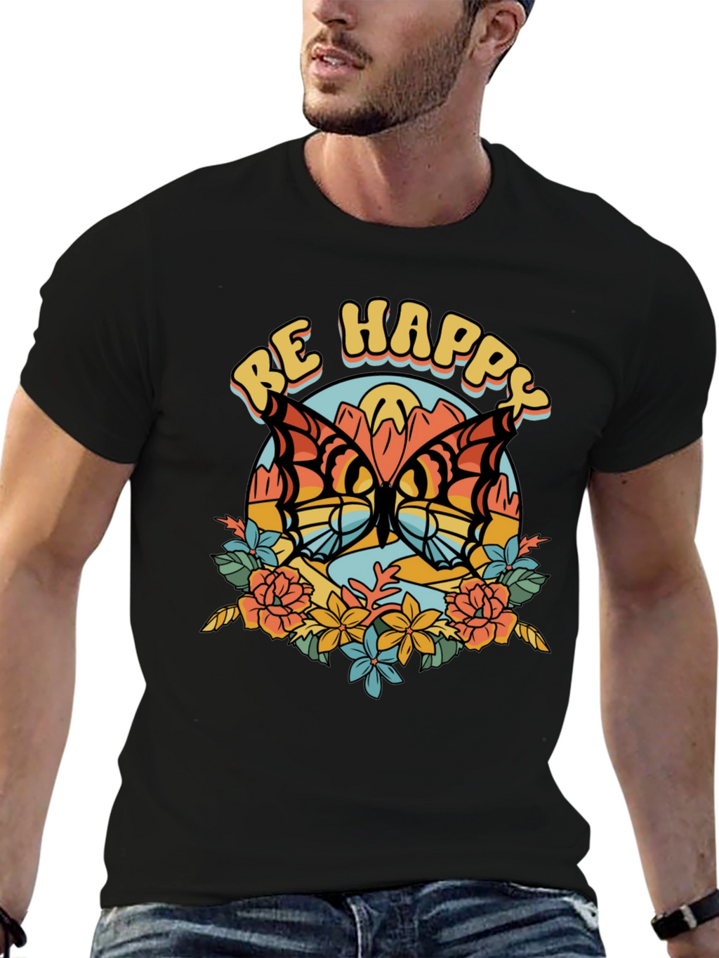Be Happy Butterfly Graphic Tee - Retro Style