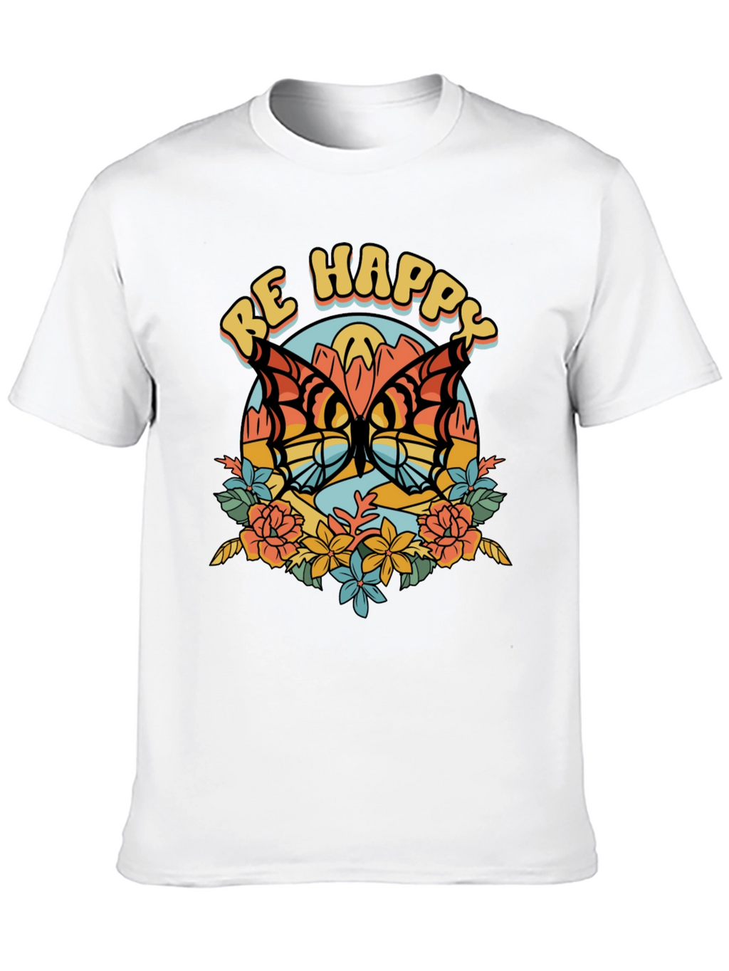 Be Happy Butterfly Graphic Tee - Retro Style