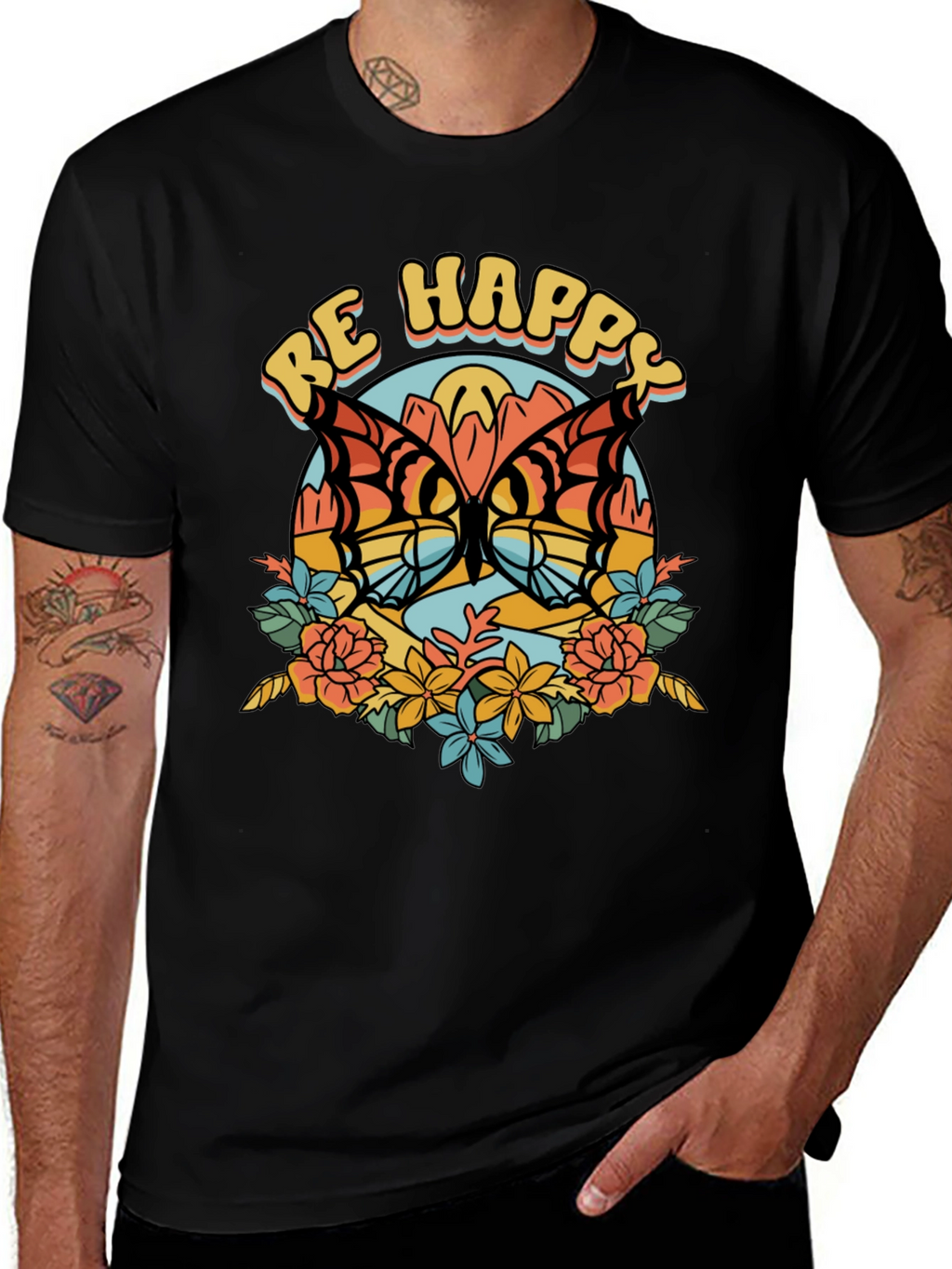 Be Happy Butterfly Graphic Tee - Retro Style