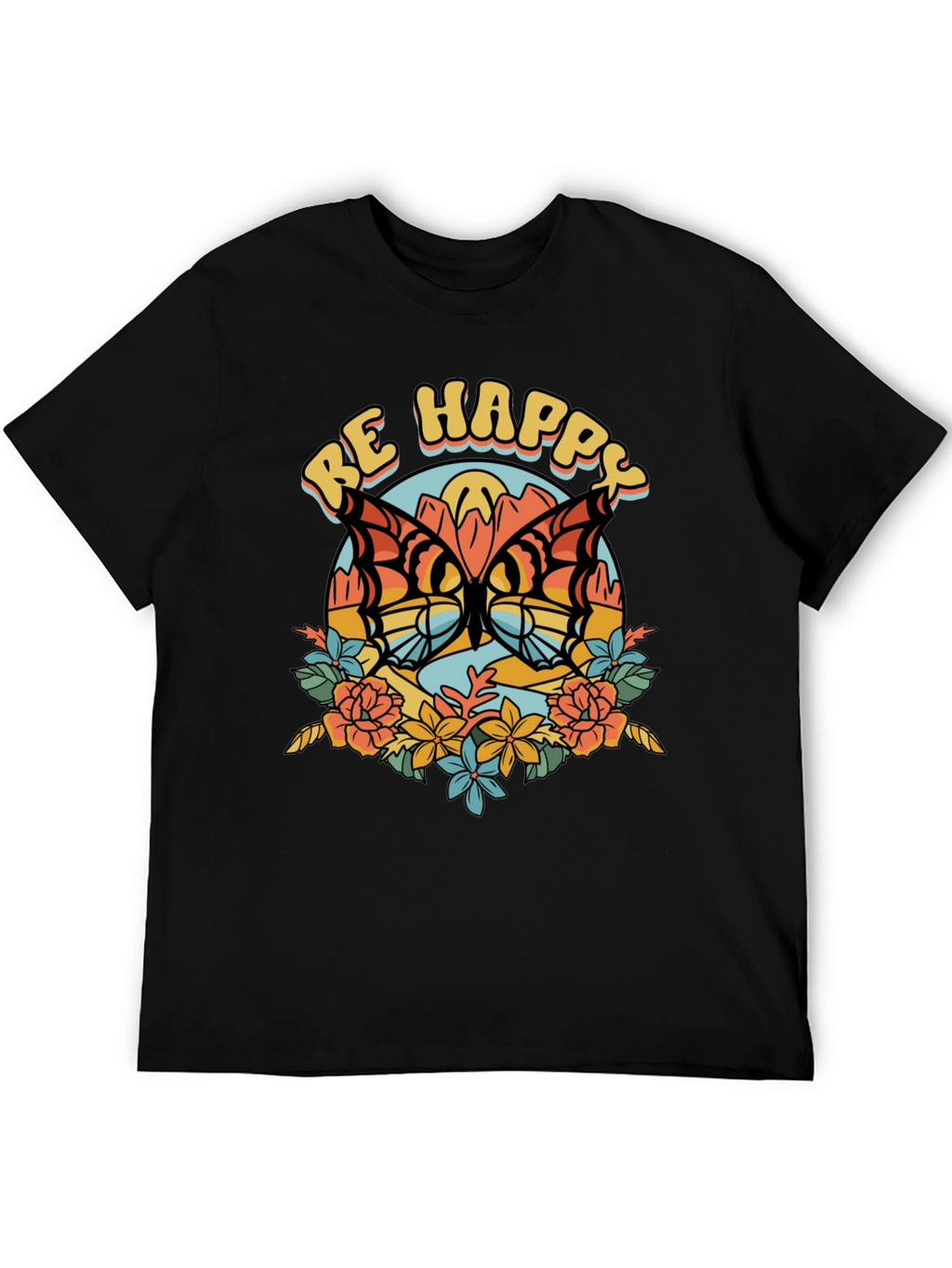 Be Happy Butterfly Graphic Tee - Retro Style