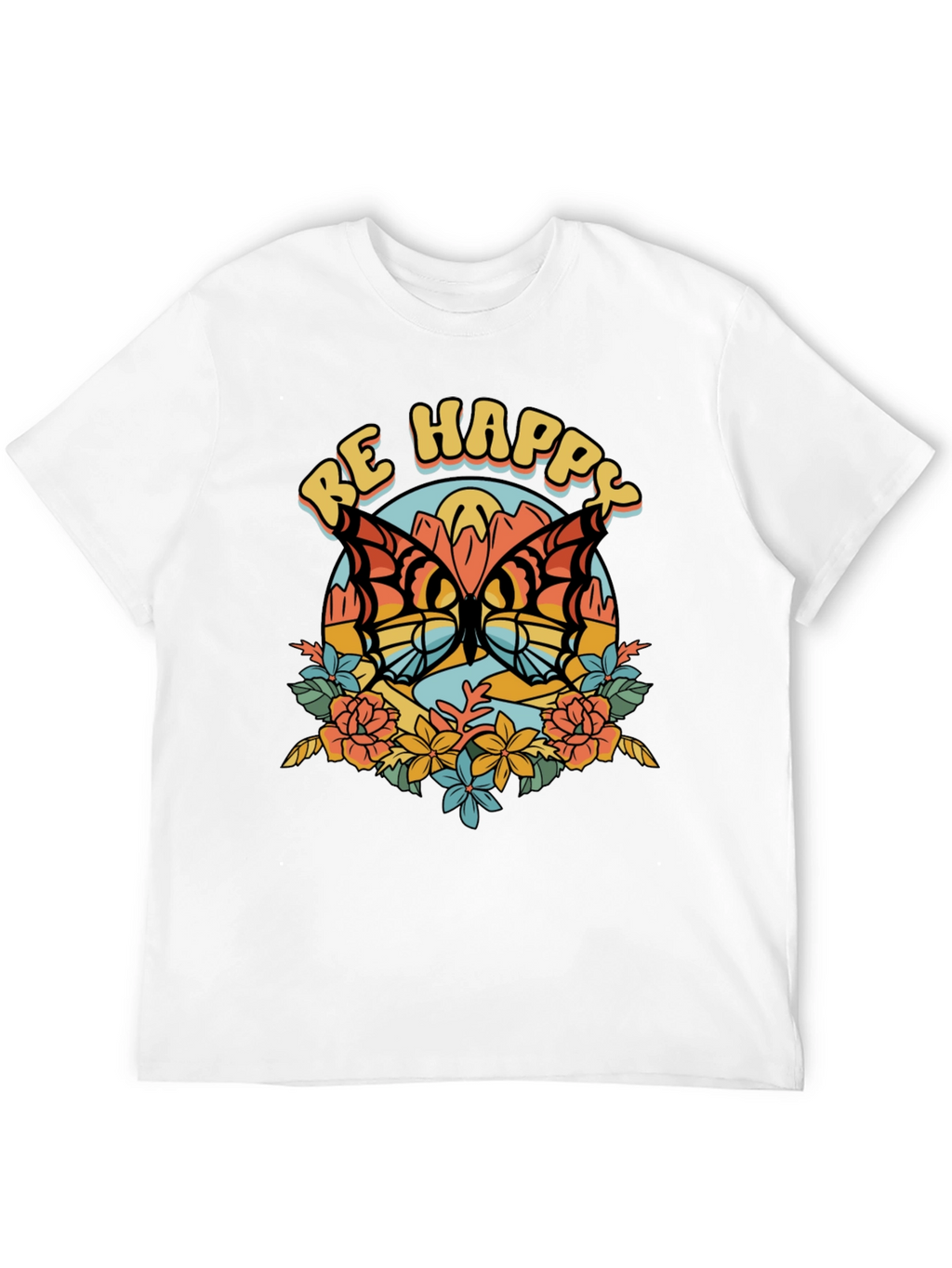 Be Happy Butterfly Graphic Tee - Retro Style