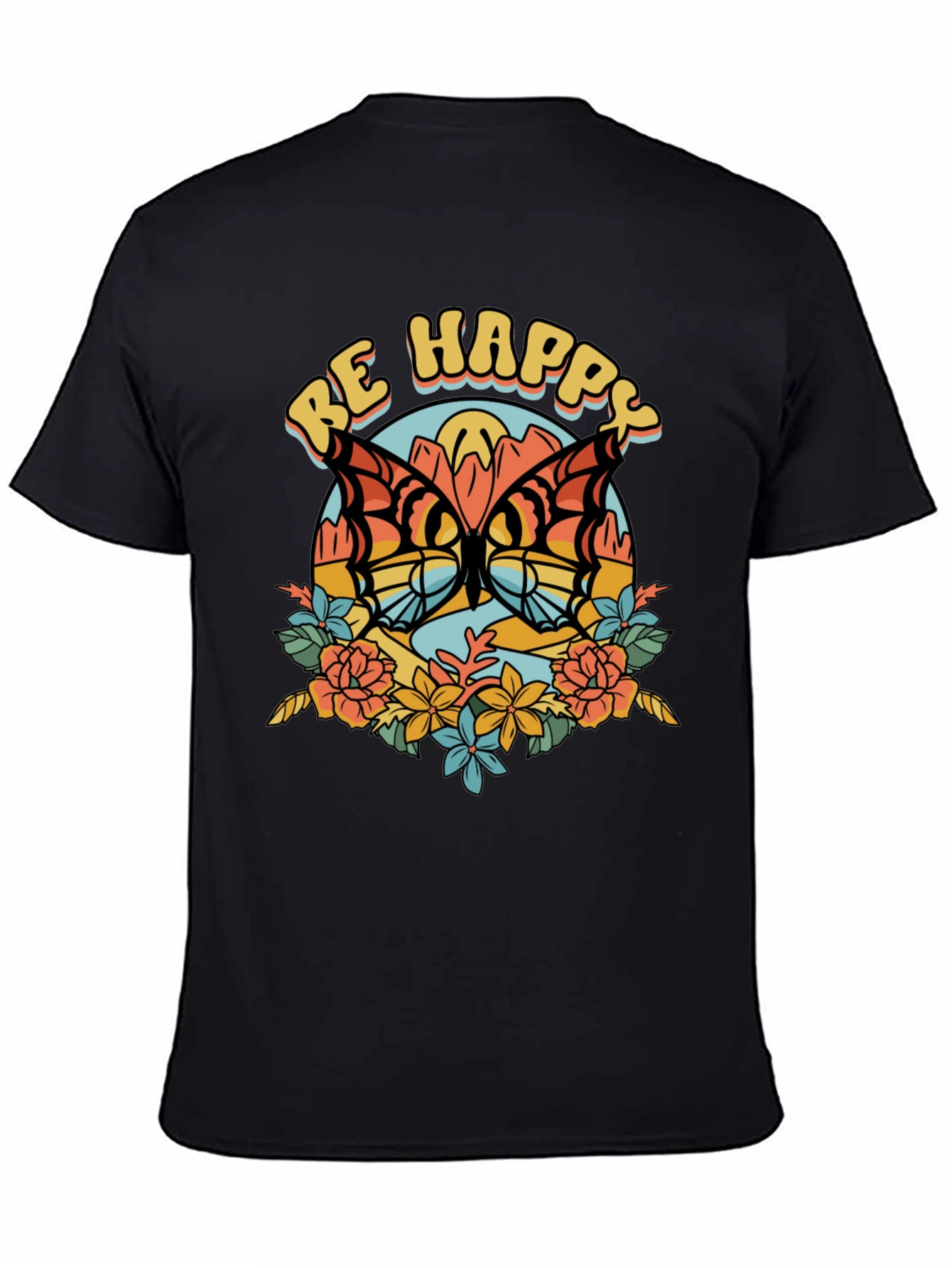 Be Happy Butterfly Graphic Tee - Retro Style