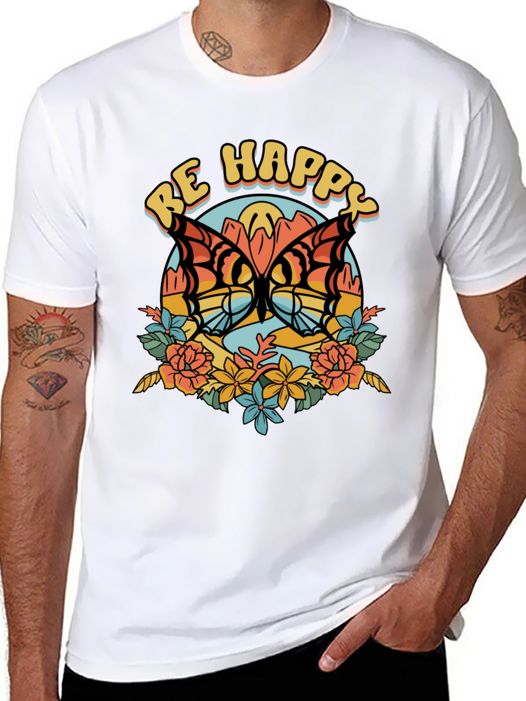 Be Happy Butterfly Graphic Tee - Retro Style
