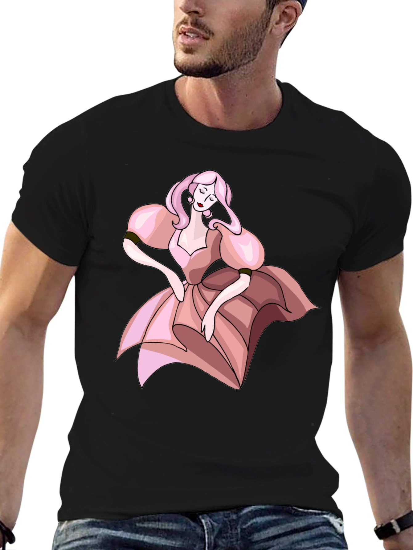Black T-Shirt with Pink Dress Cartoon