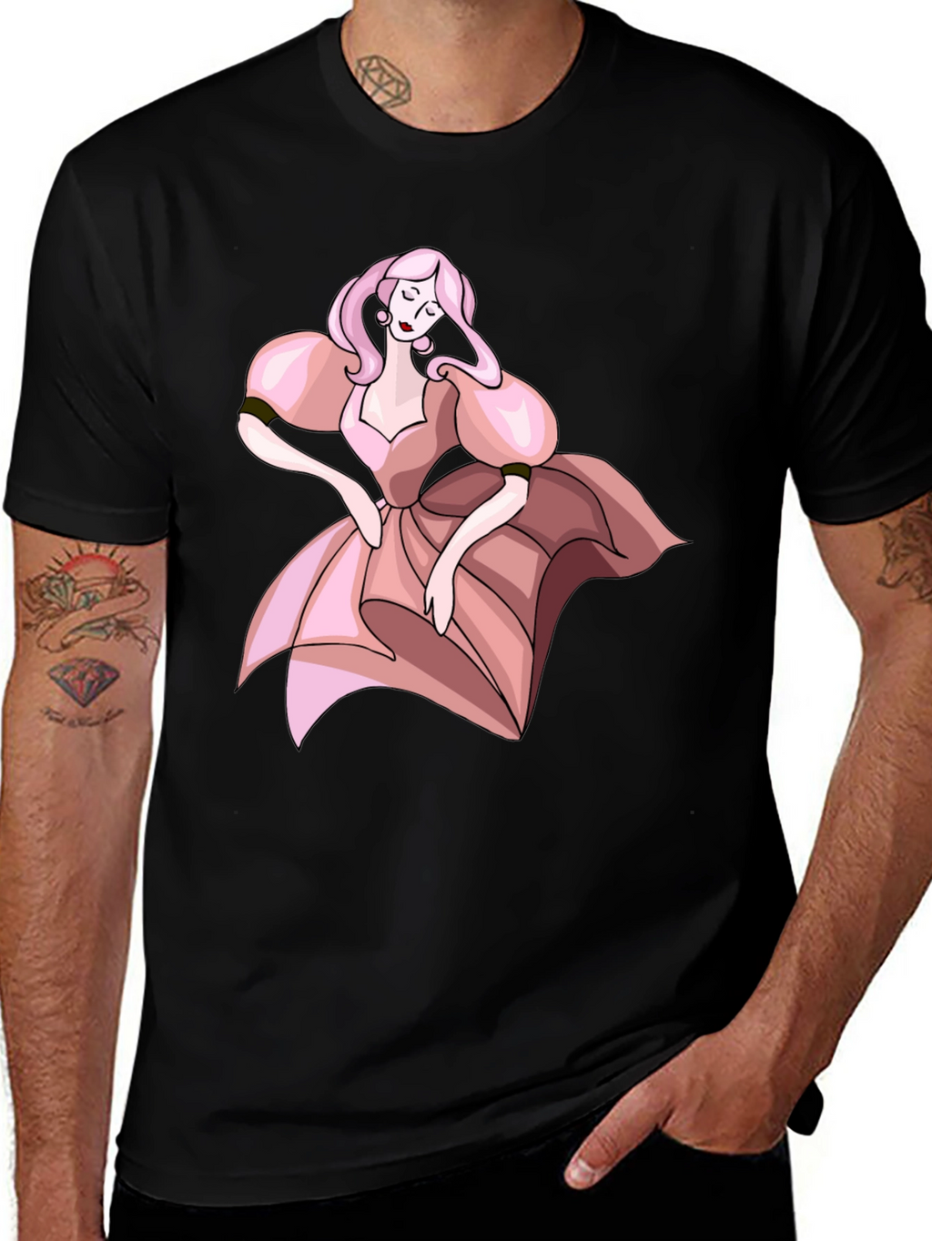 Black T-Shirt with Pink Dress Cartoon