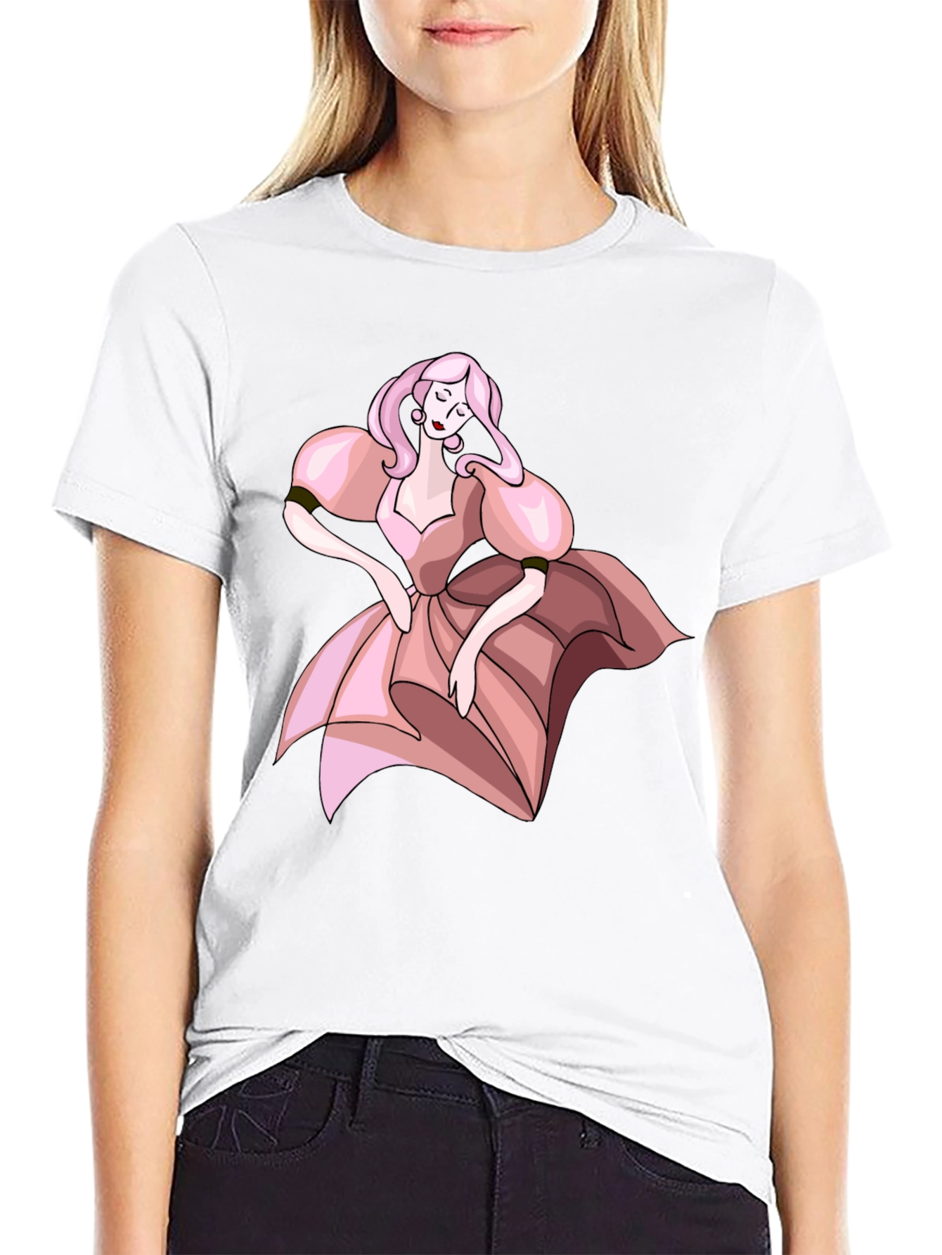 Black T-Shirt with Pink Dress Cartoon