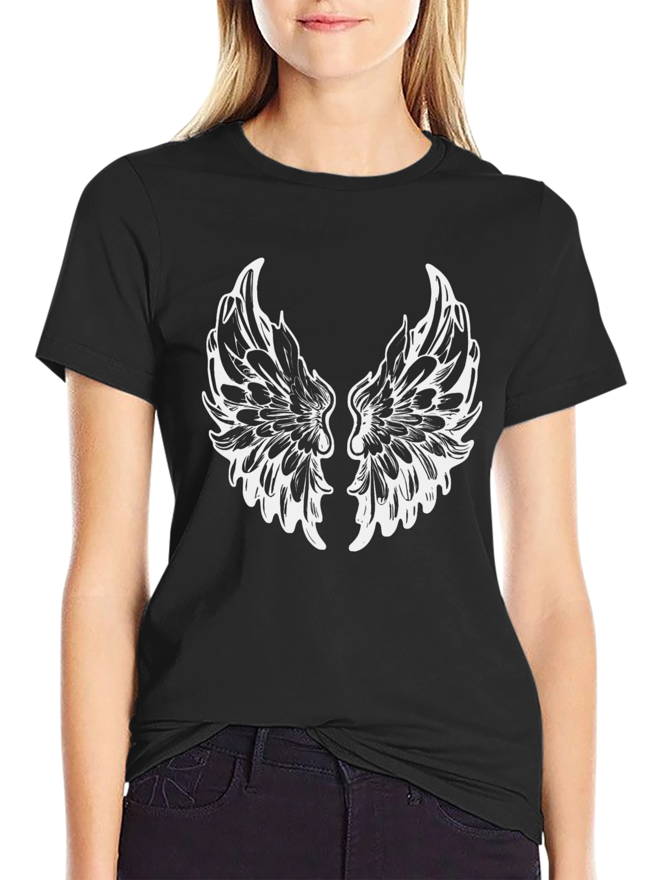 Black T-Shirt with White Wings Graphic