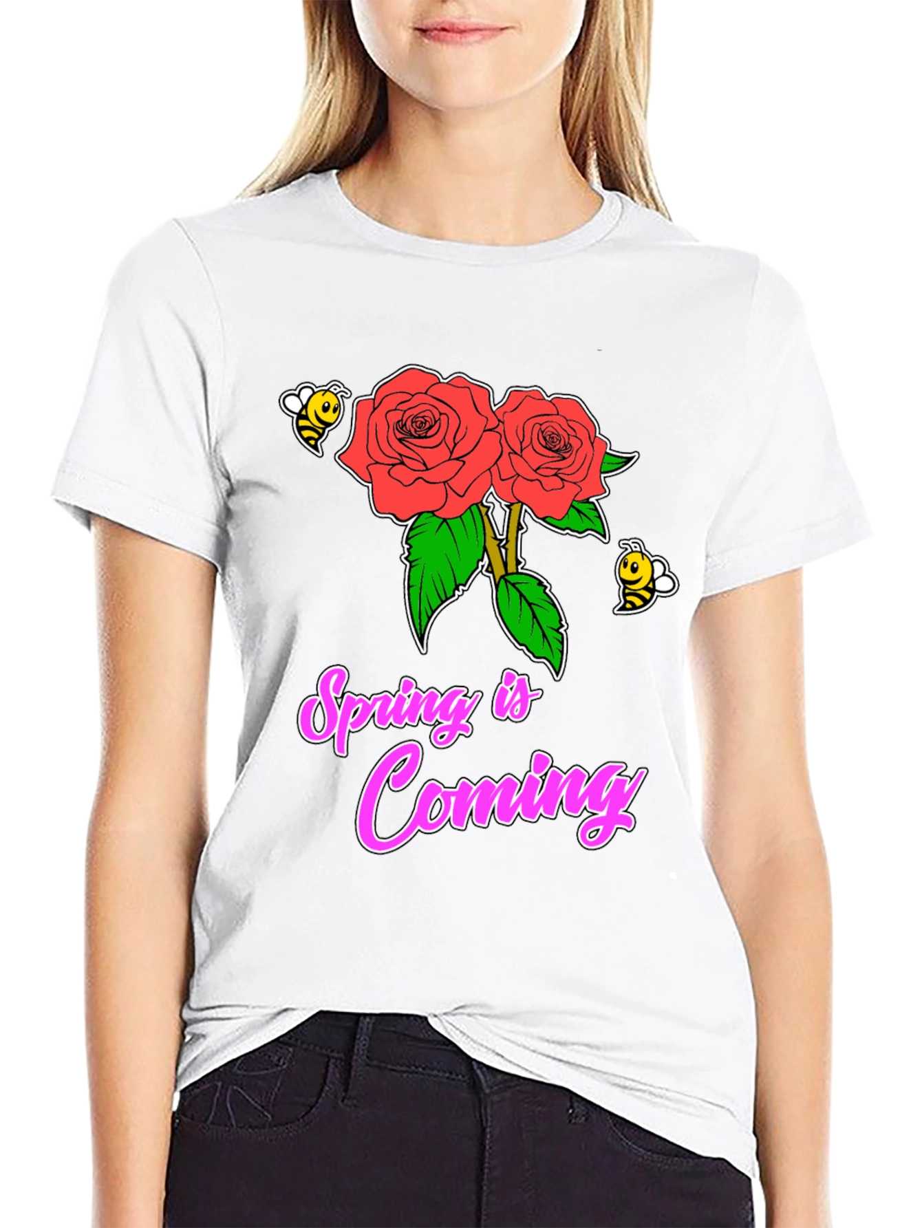 Spring Is Coming T-Shirt with Roses & Bees