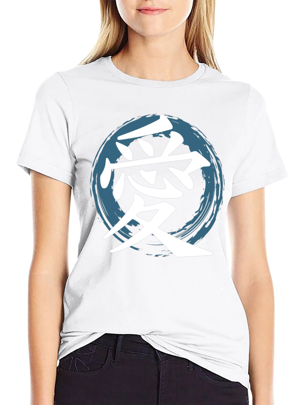 Love Kanji T-Shirt Graphic Tee Round Brush Stroke Blue