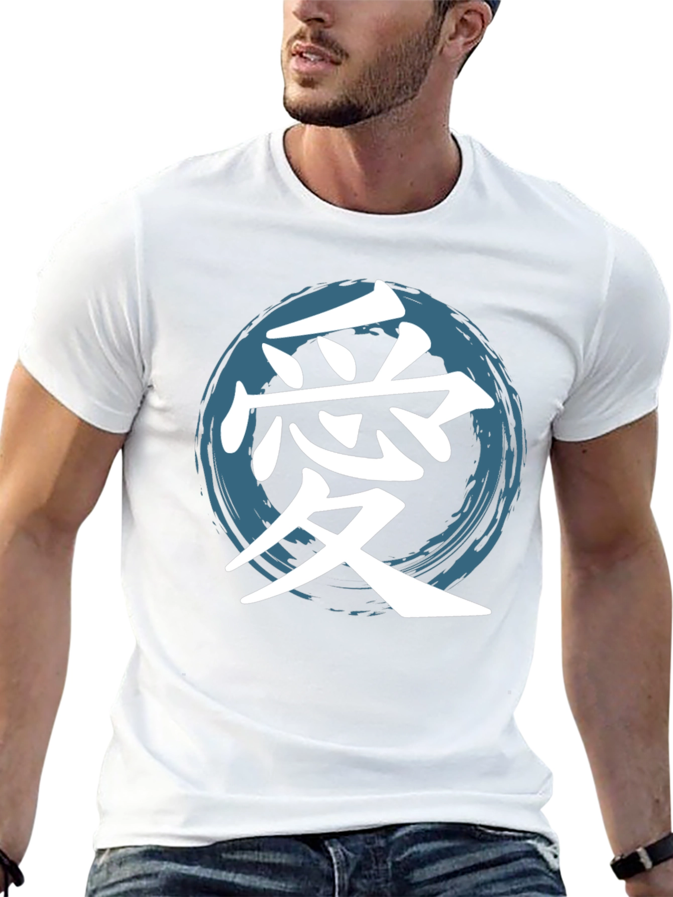 Love Kanji T-Shirt Graphic Tee Round Brush Stroke Blue