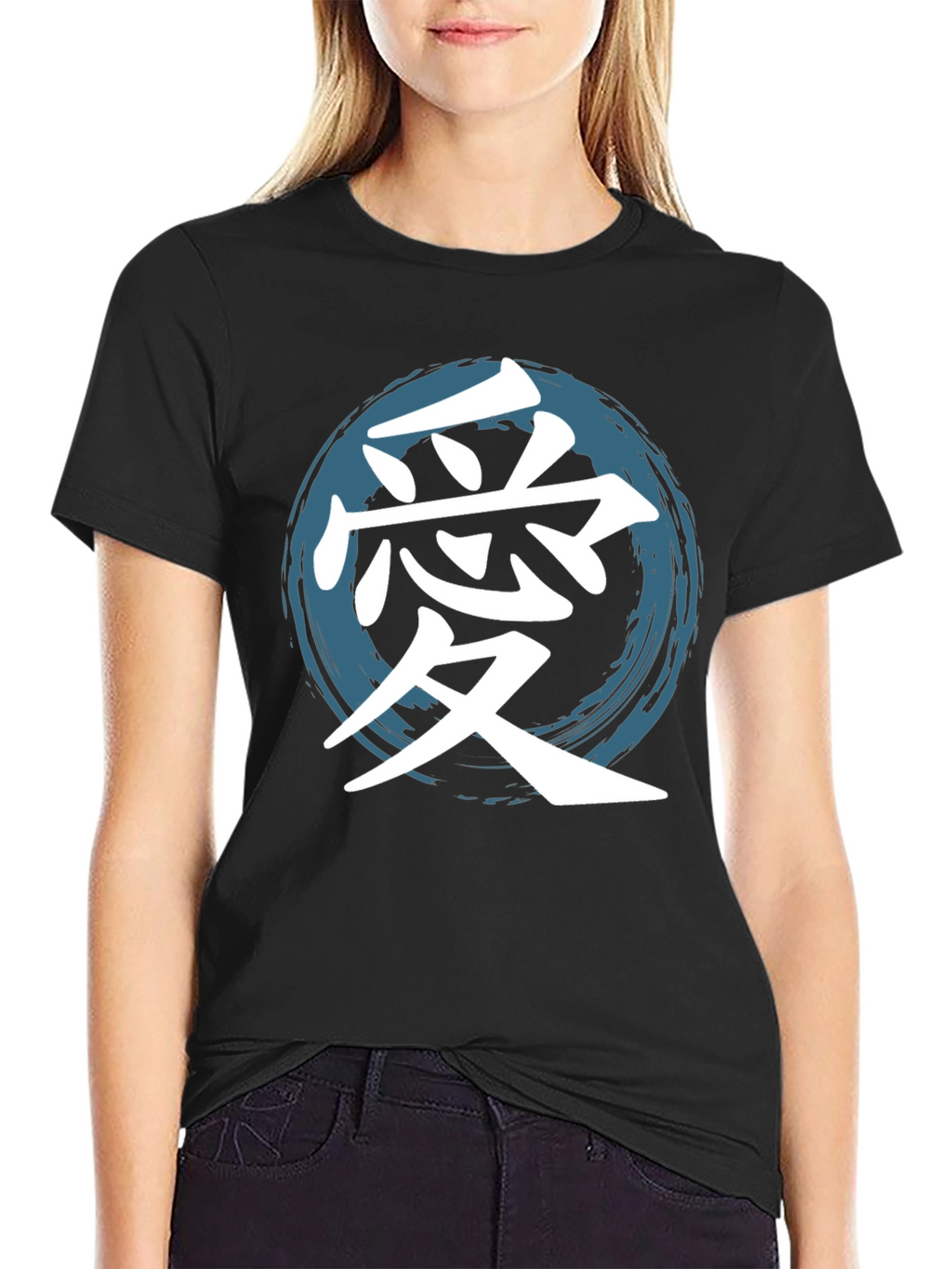 Love Kanji T-Shirt Graphic Tee Round Brush Stroke Blue