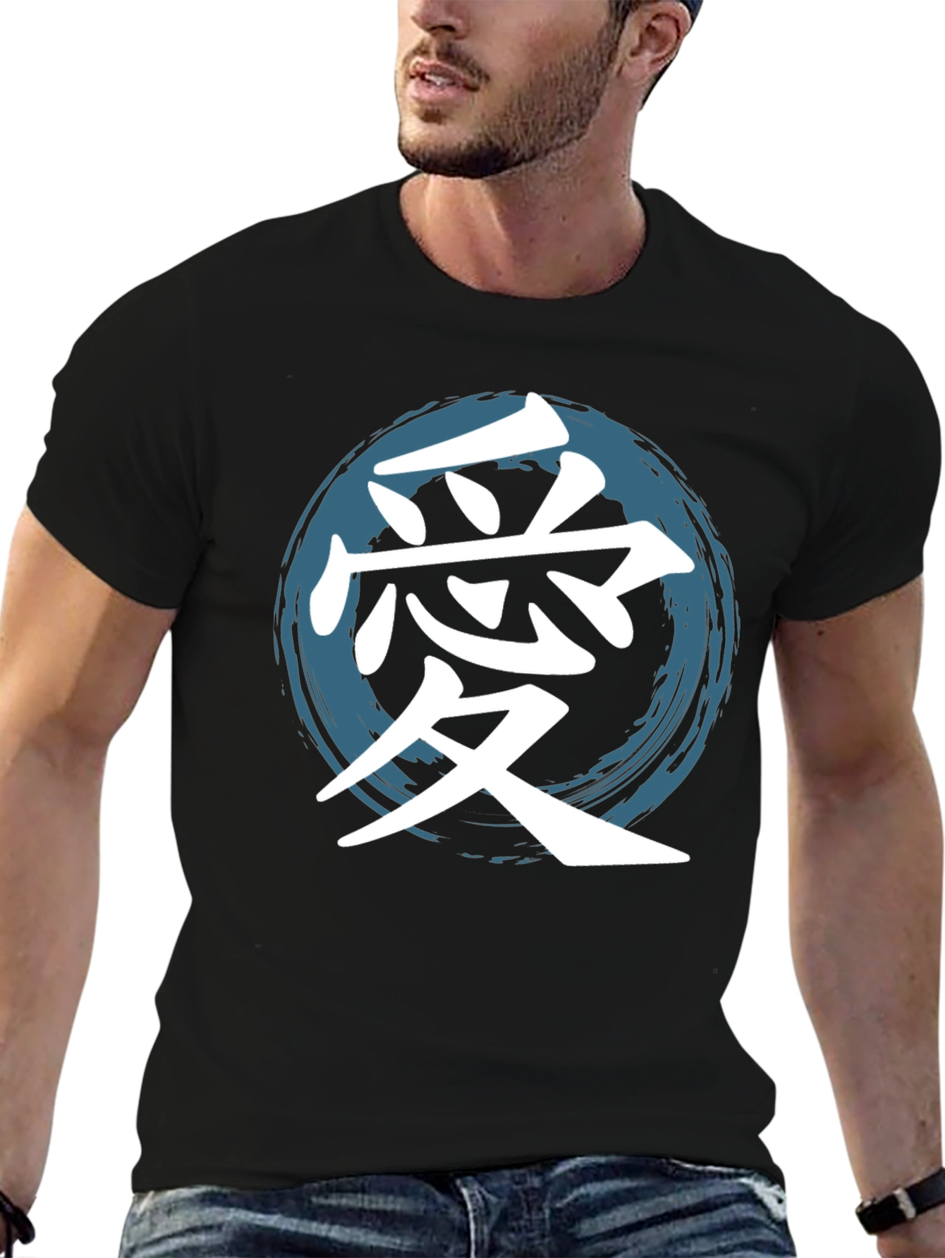 Love Kanji T-Shirt Graphic Tee Round Brush Stroke Blue