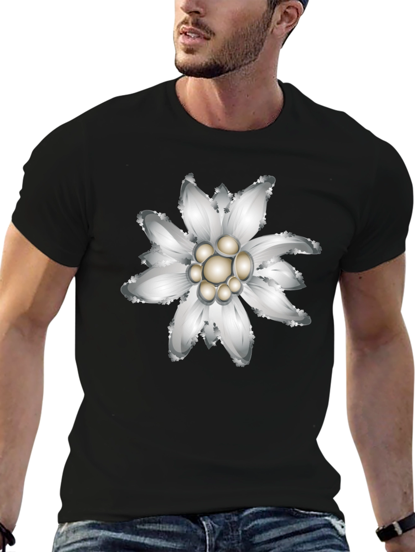 Edelweiss Flower Graphic Black T-Shirt