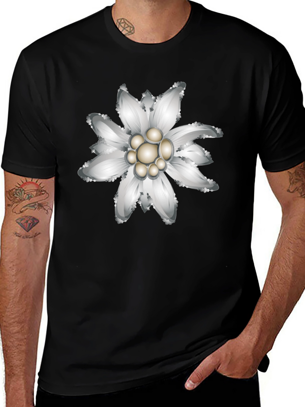 Edelweiss Flower Graphic Black T-Shirt