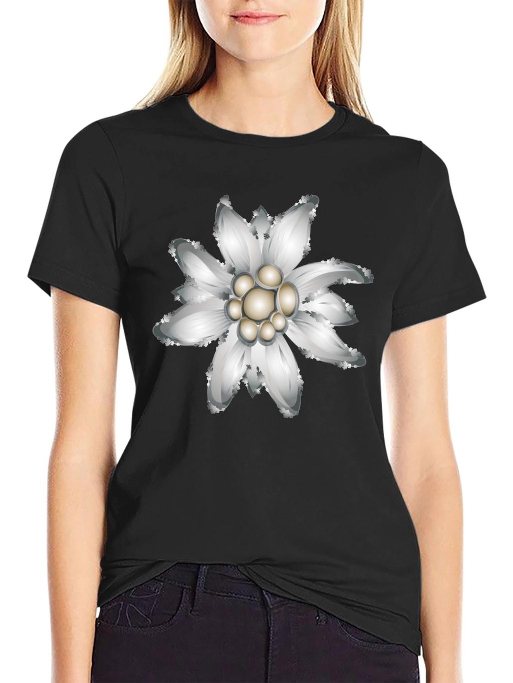 Edelweiss Flower Graphic Black T-Shirt