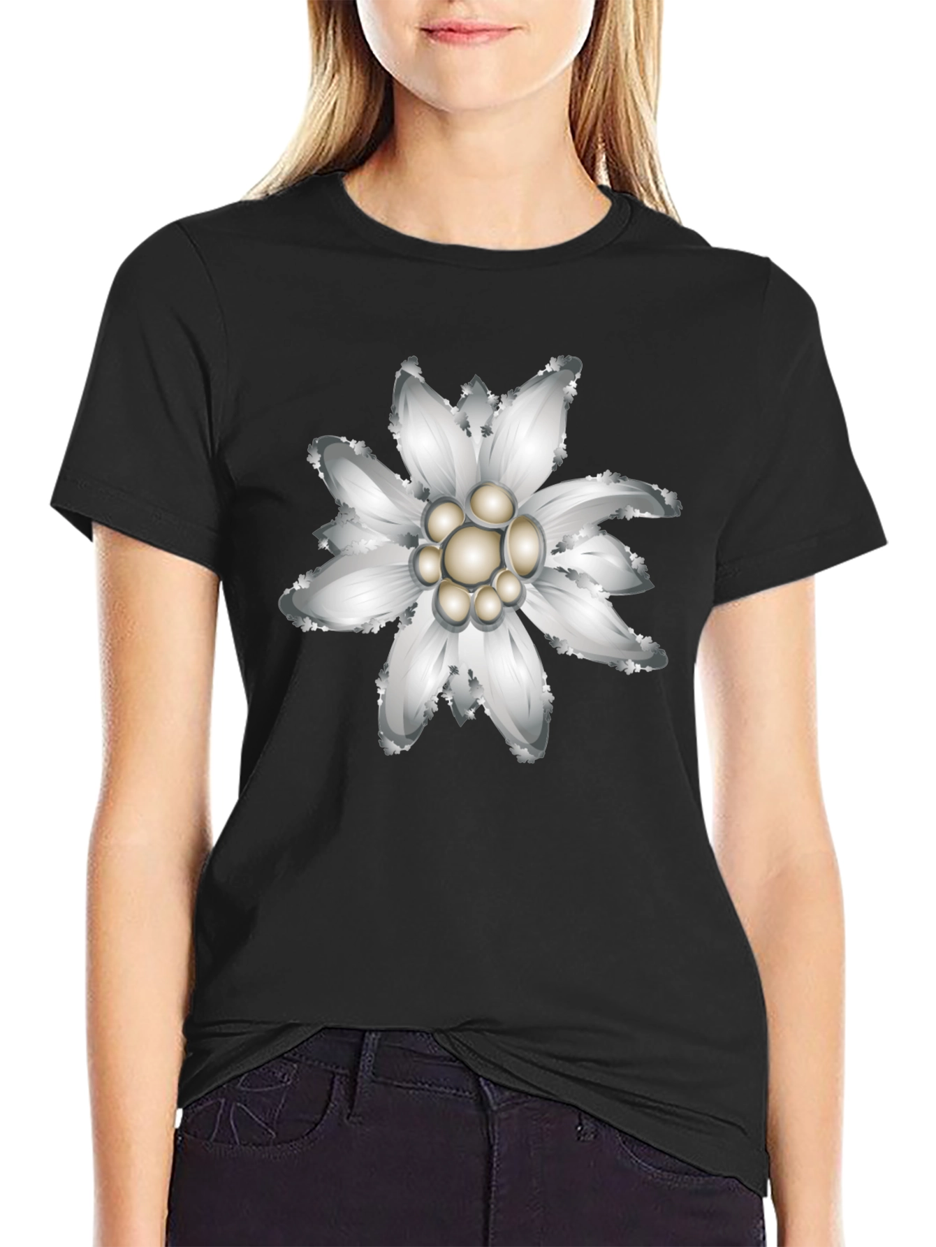 Edelweiss Flower Graphic Black T-Shirt