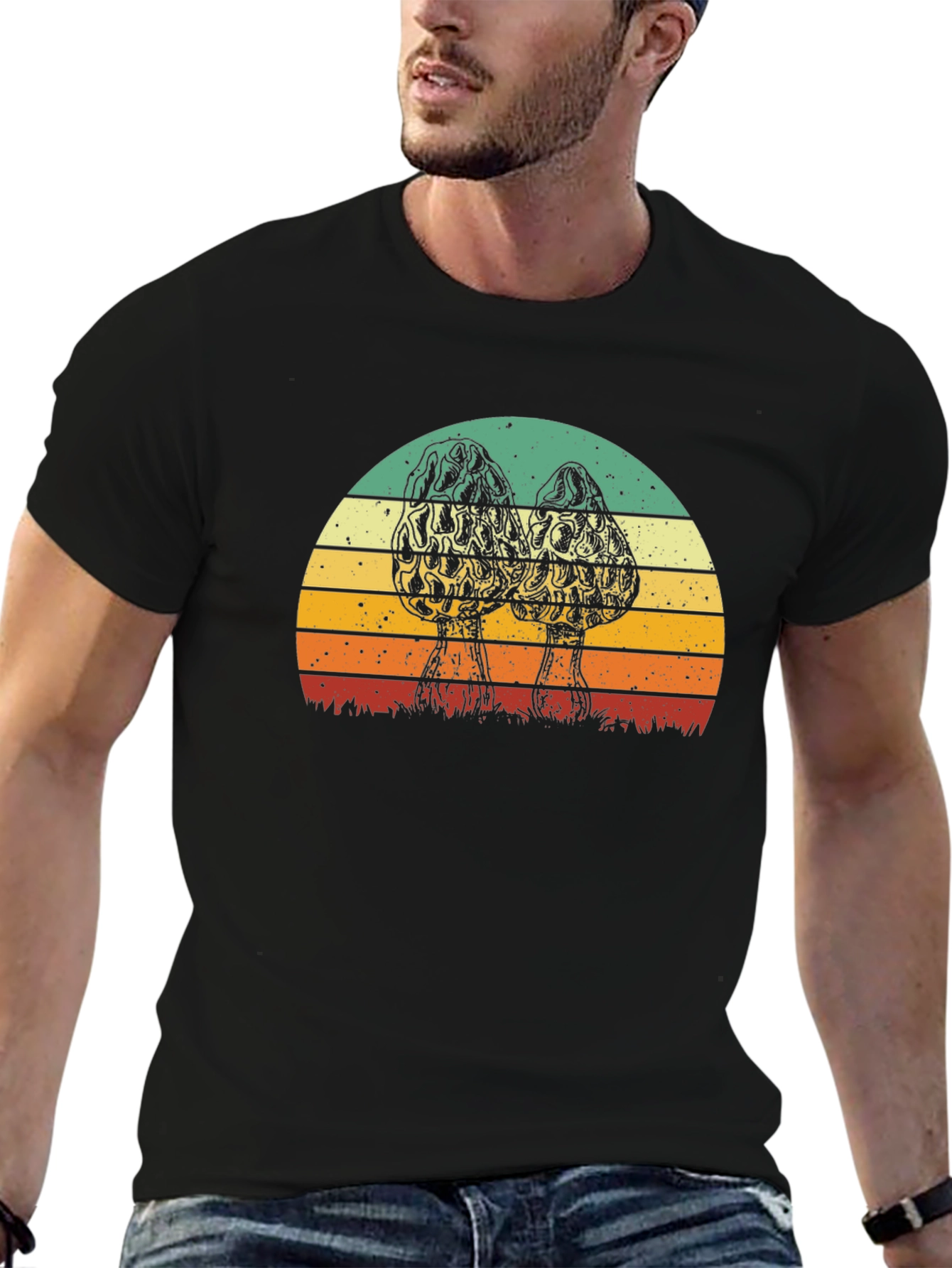 Vintage Morel Mushroom Sunset Graphic T-Shirt