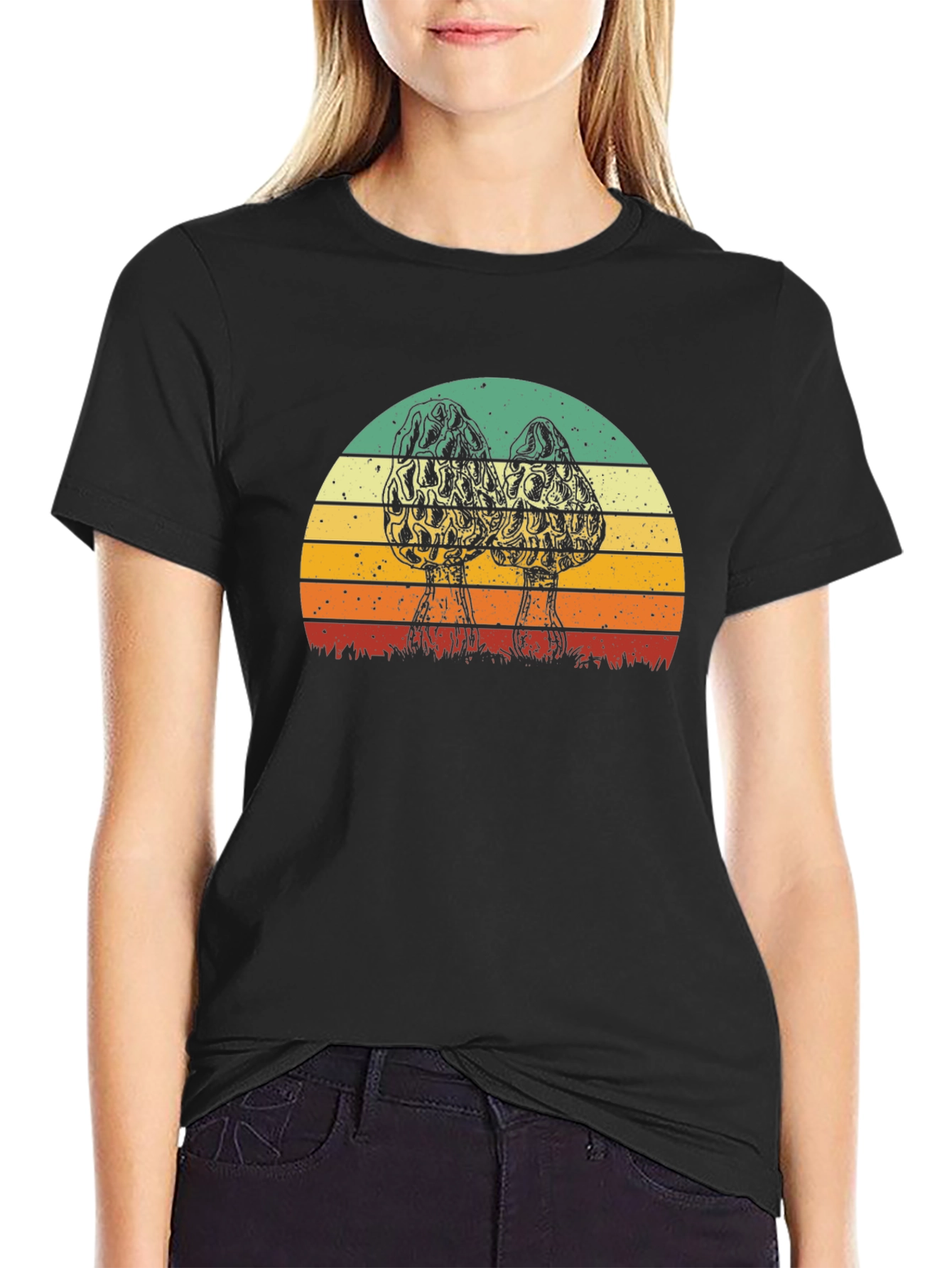 Vintage Morel Mushroom Sunset Graphic T-Shirt