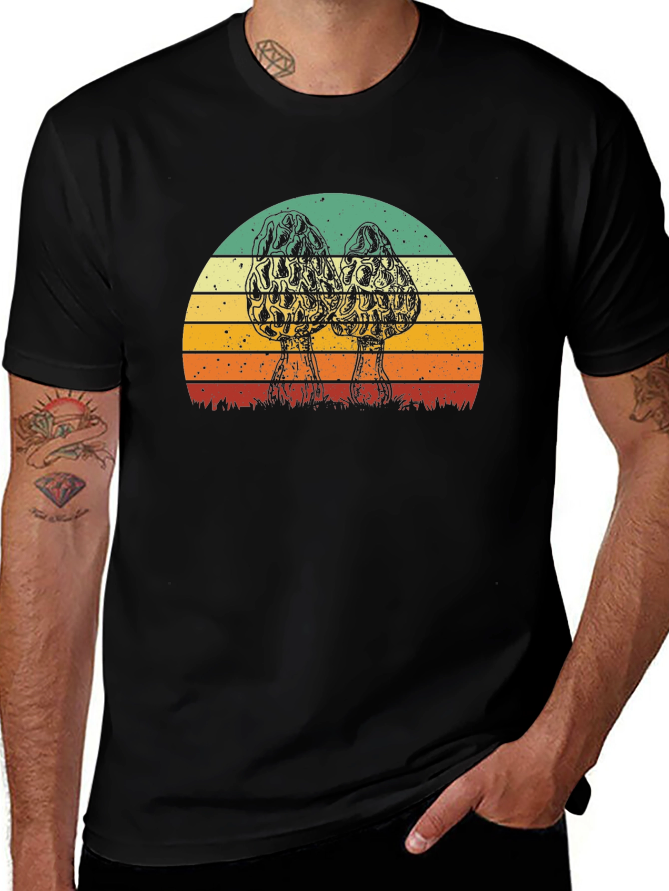 Vintage Morel Mushroom Sunset Graphic T-Shirt