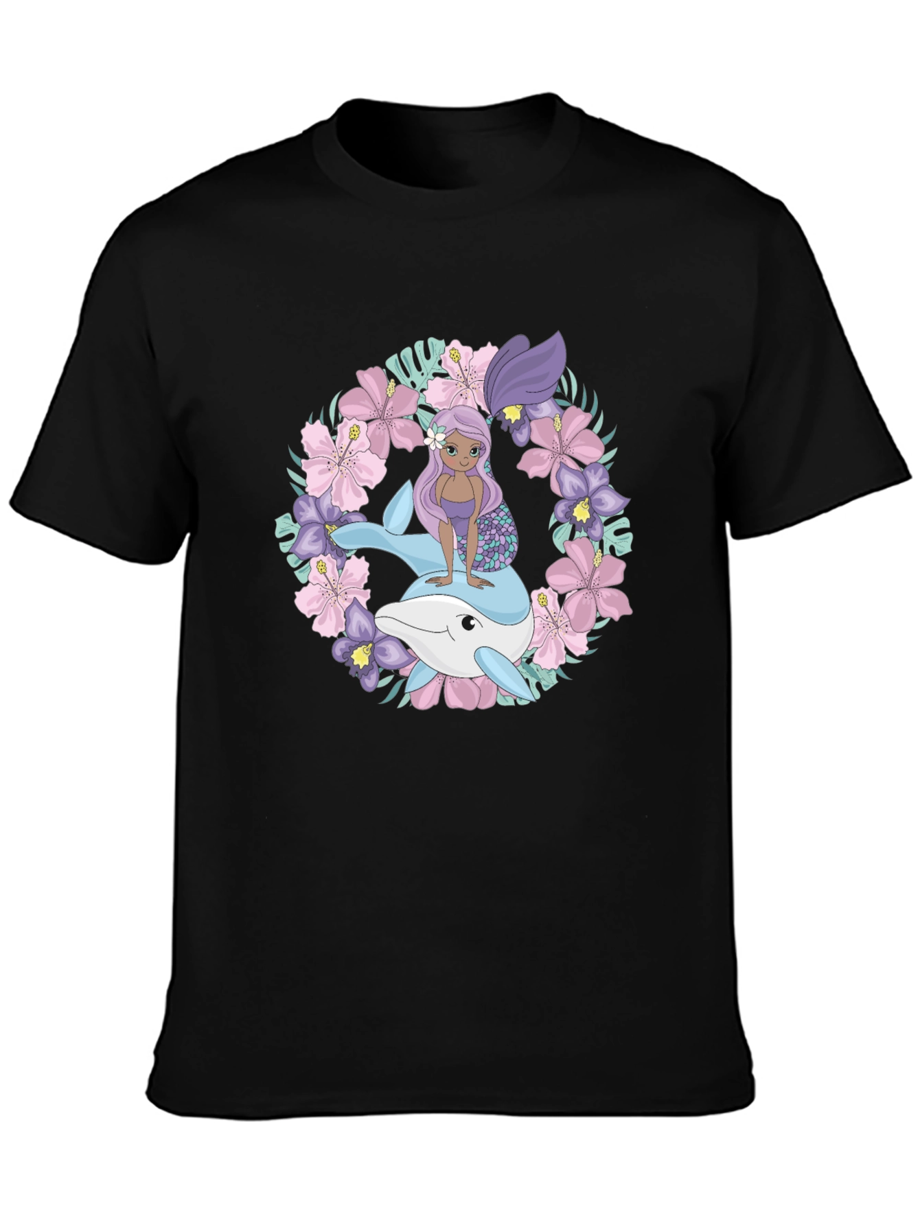 Mermaid & Dolphin Graphic Tee - Black