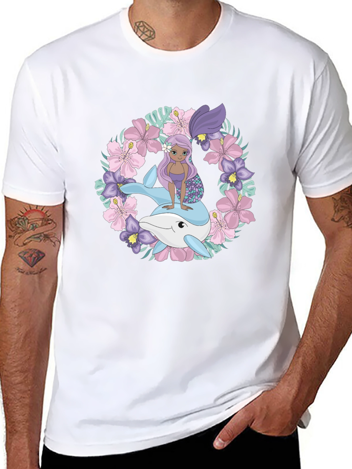 Mermaid & Dolphin Graphic Tee - Black