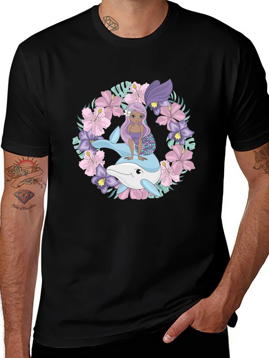 Mermaid & Dolphin Graphic Tee - Black