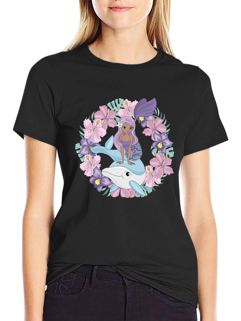 Mermaid & Dolphin Graphic Tee - Black