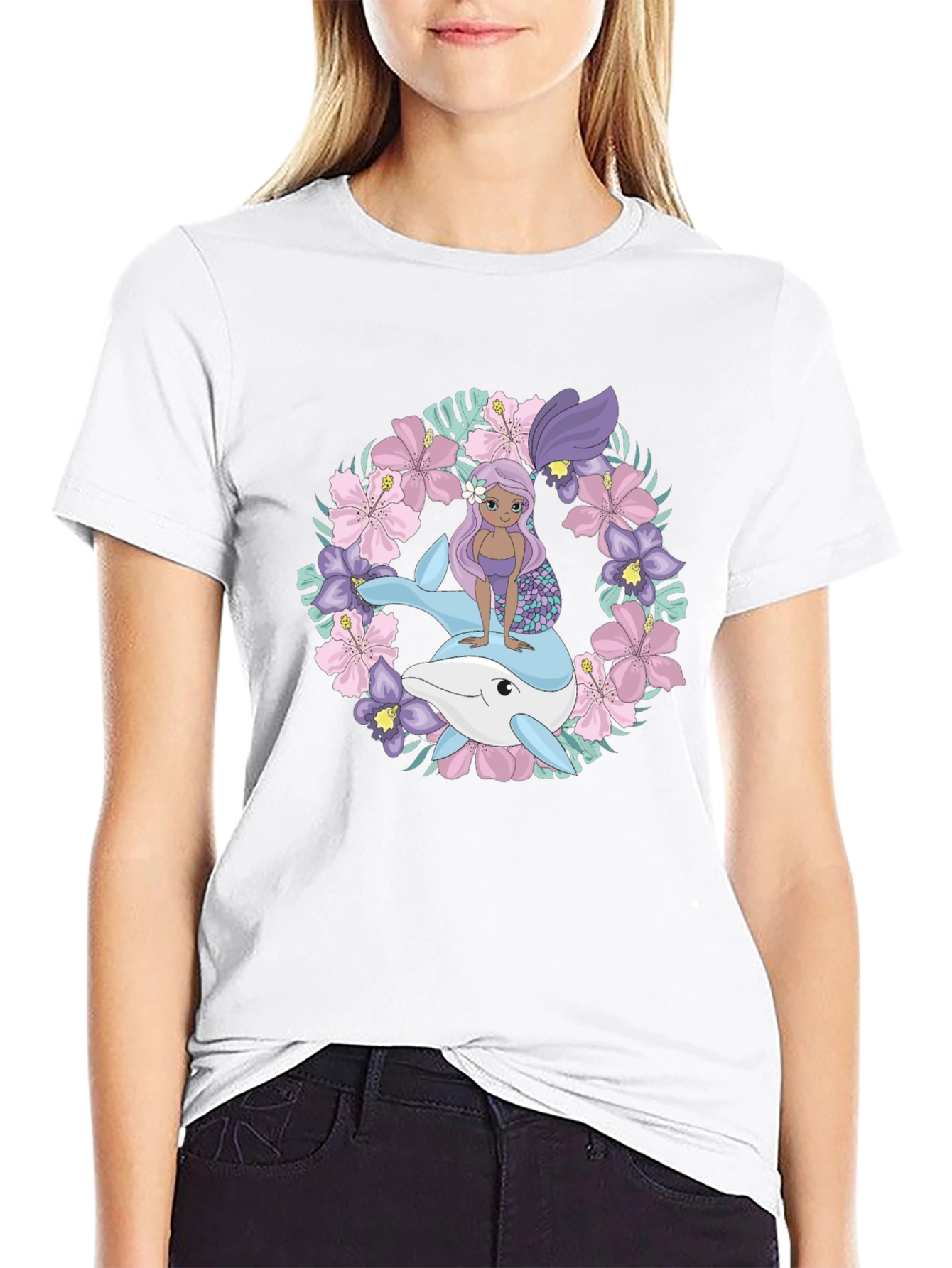 Mermaid & Dolphin Graphic Tee - Black