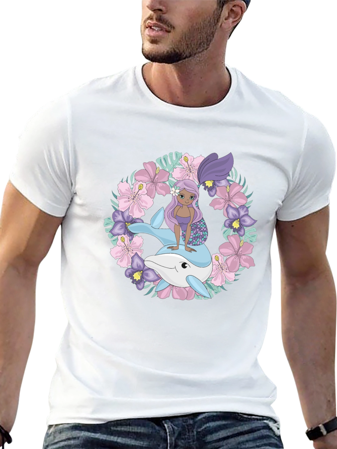 Mermaid & Dolphin Graphic Tee - Black
