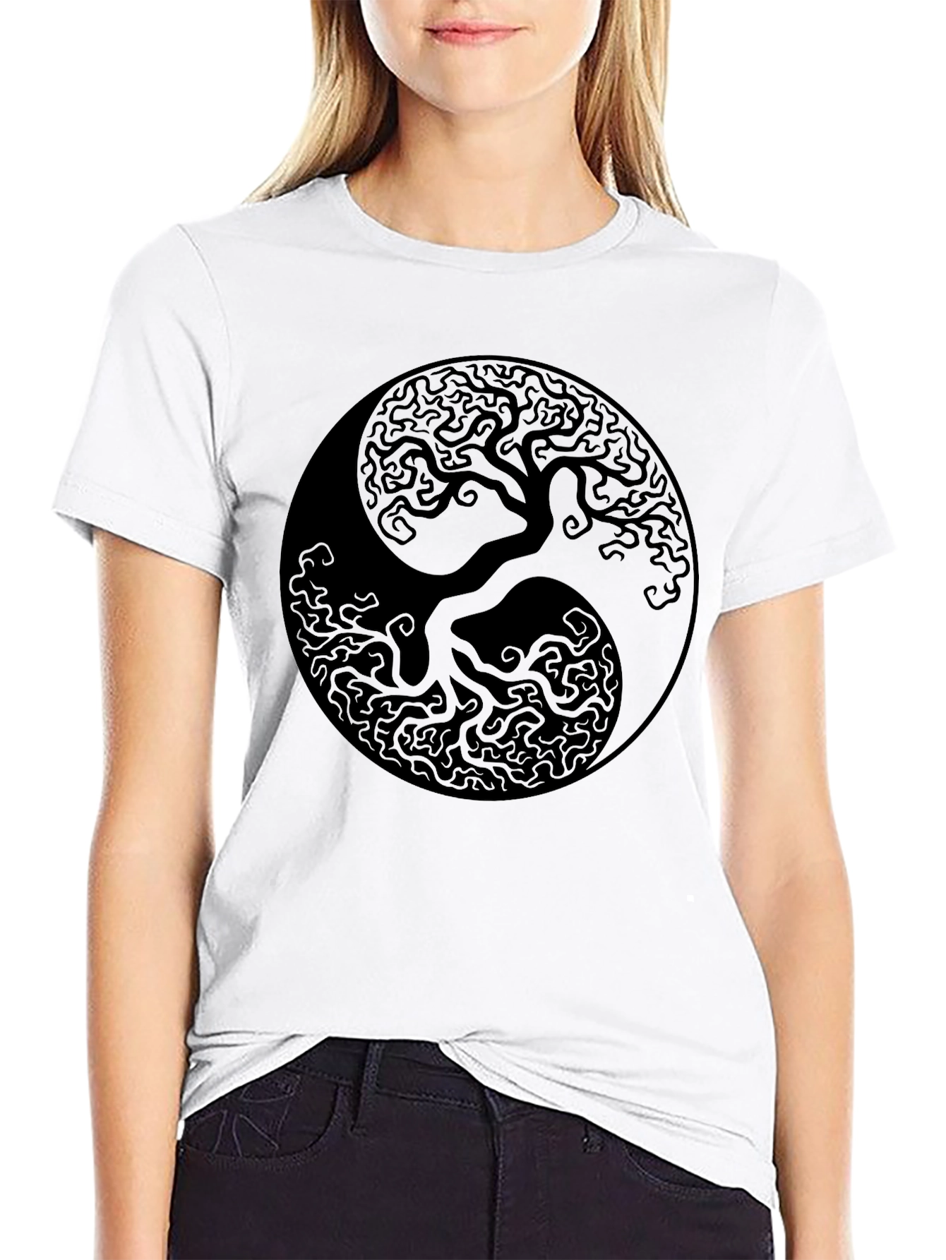 Yin Yang Tree of Life Graphic Black T-Shirt