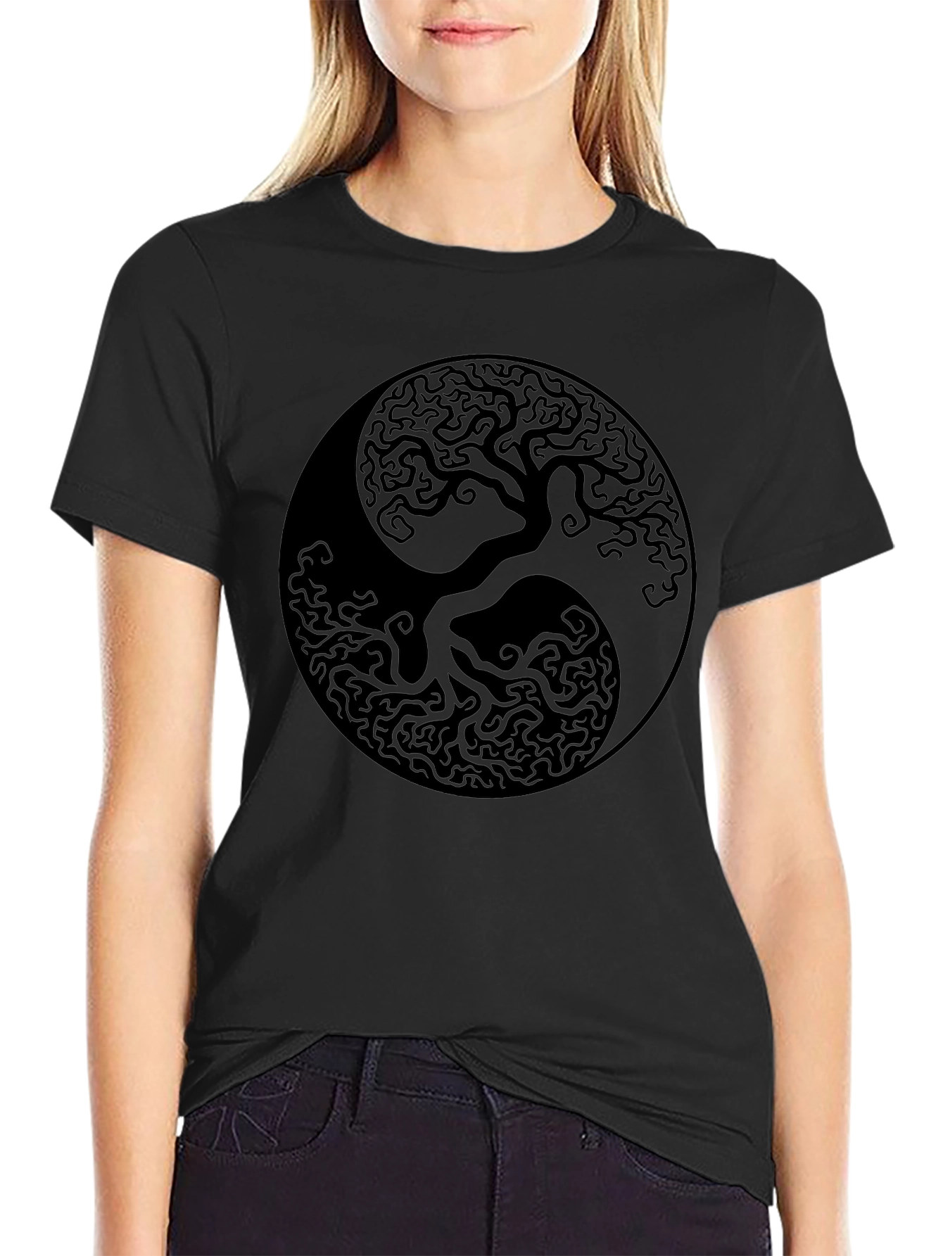 Yin Yang Tree of Life Graphic Black T-Shirt